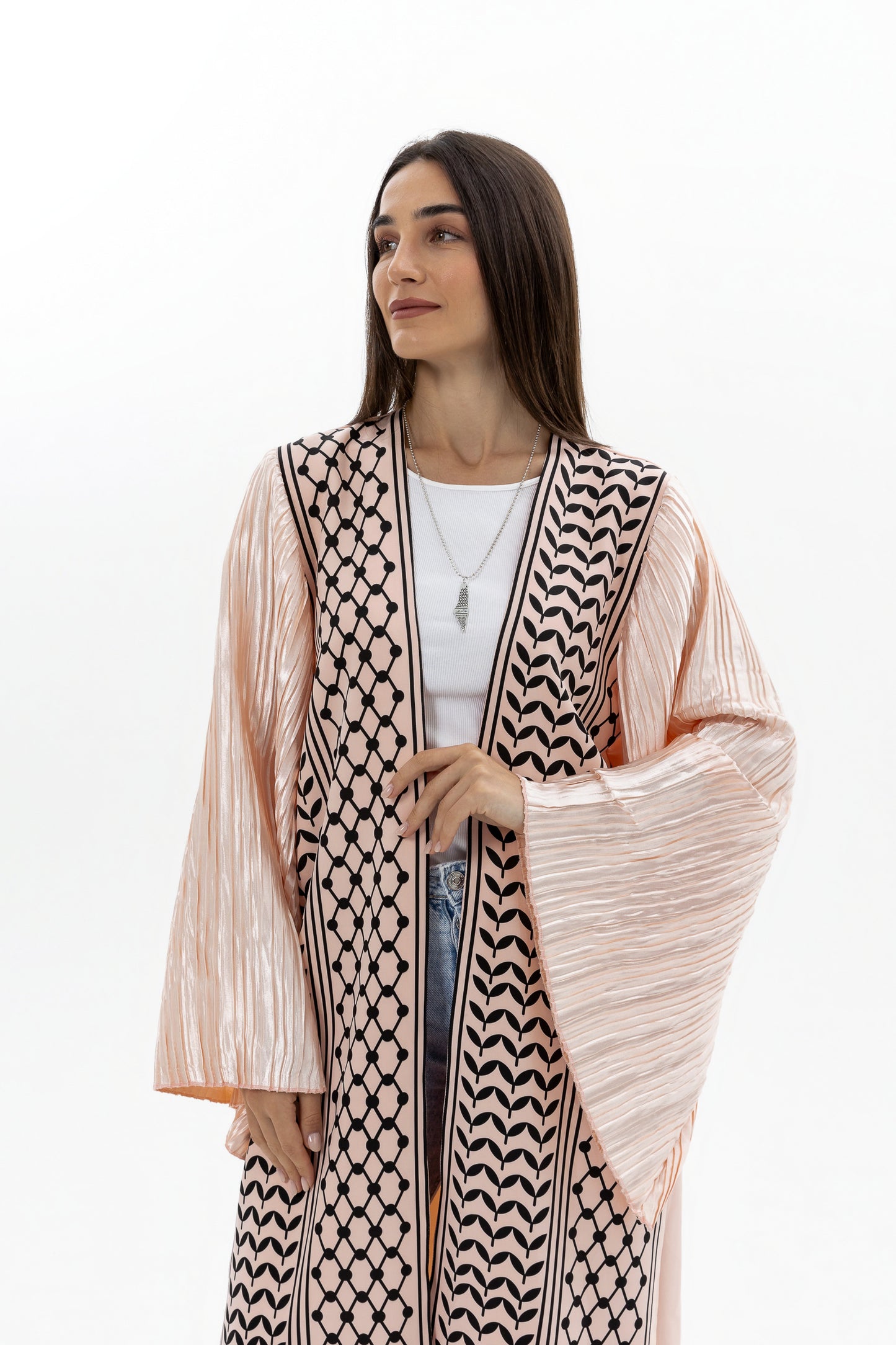 Peach Keffiyeh Abaya with Pleated Sleeves