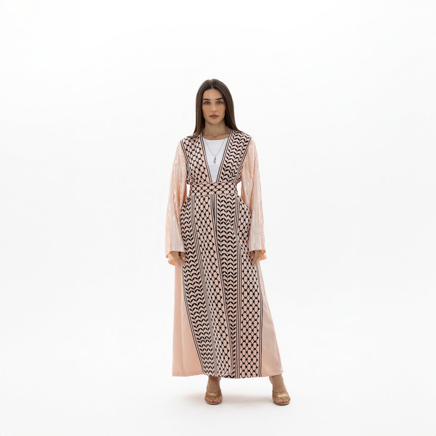 Peach Keffiyeh Abaya with Pleated Sleeves