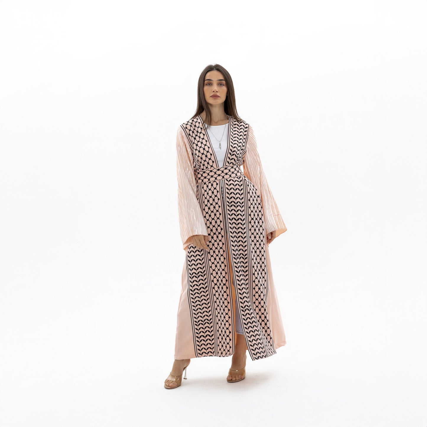 Peach Keffiyeh Abaya with Pleated Sleeves