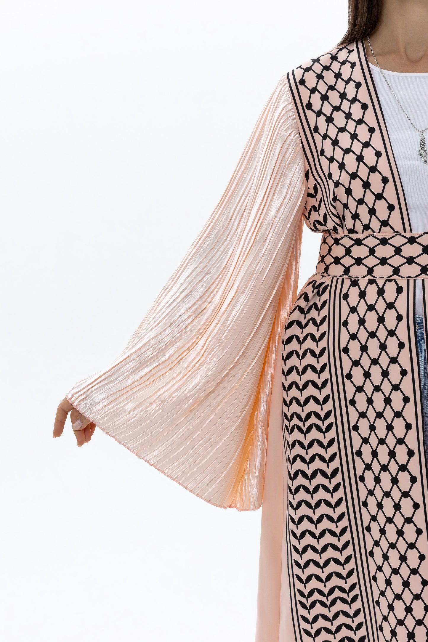 Peach Keffiyeh Abaya with Pleated Sleeves