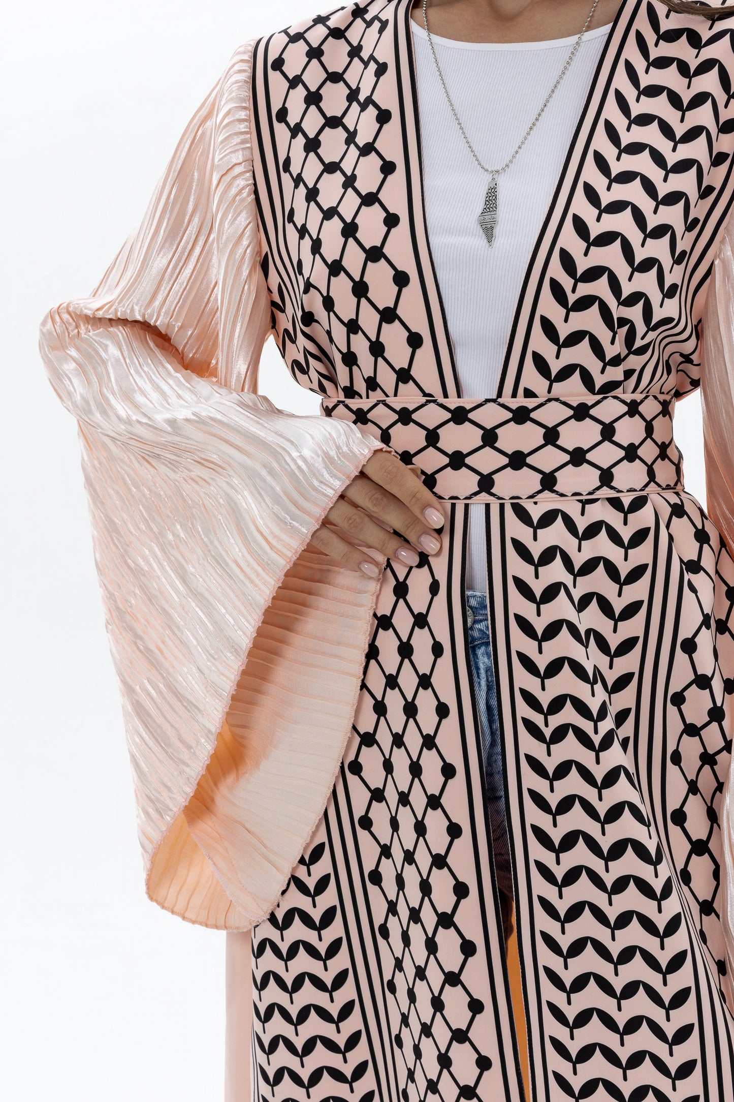 Peach Keffiyeh Abaya with Pleated Sleeves