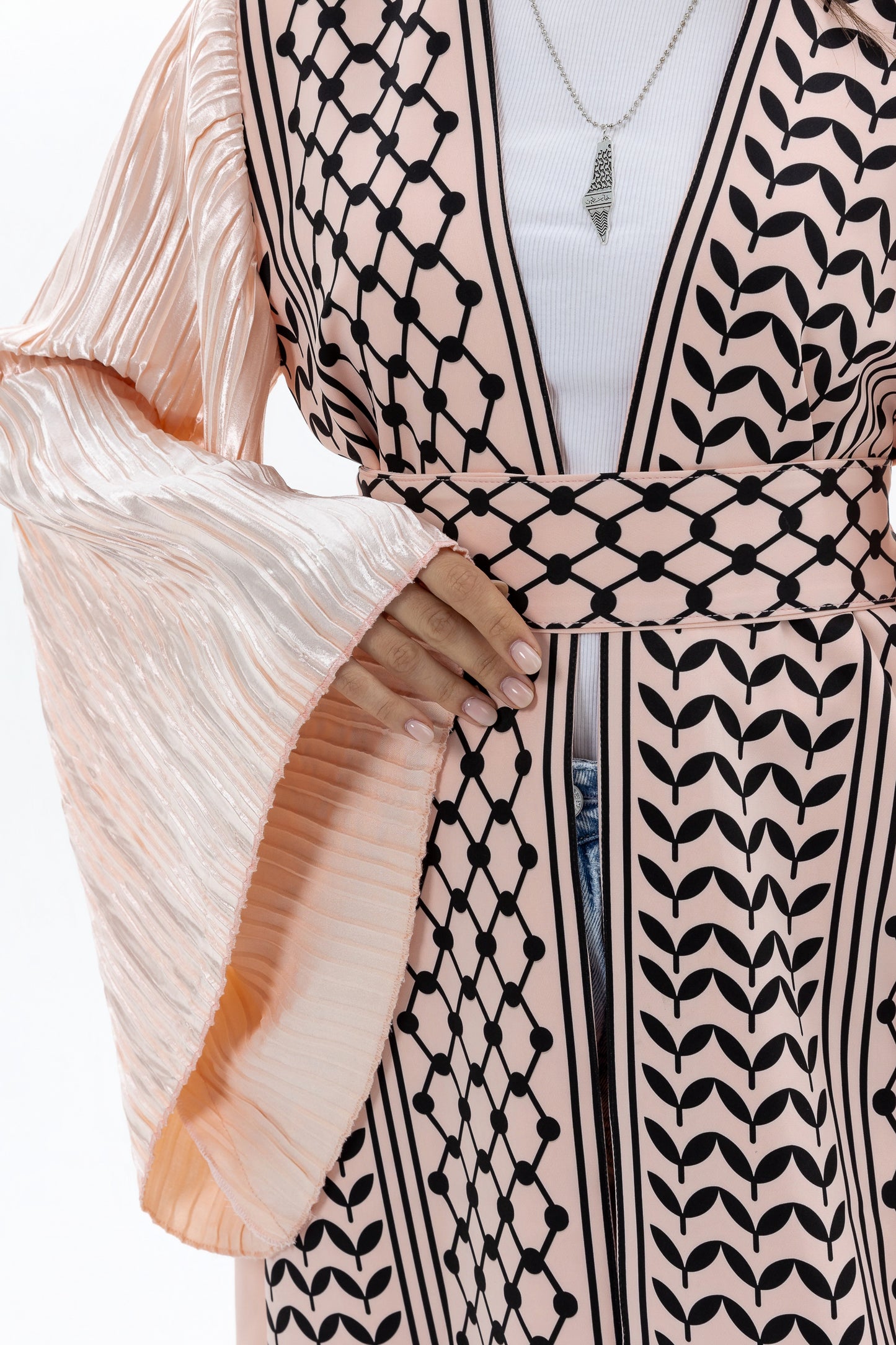 Peach Keffiyeh Abaya with Pleated Sleeves