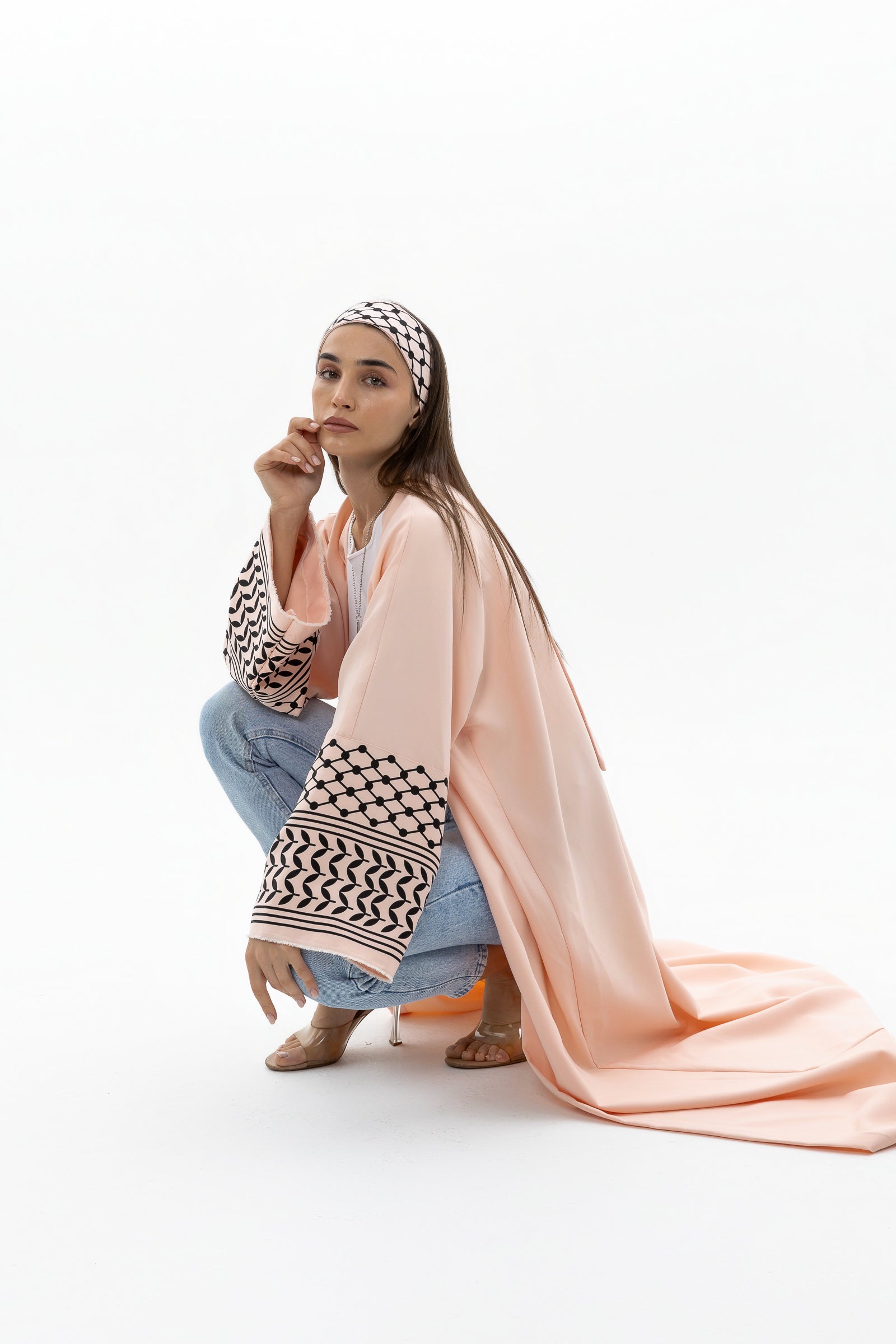 Peach Abaya with Keffiyeh Sleeves