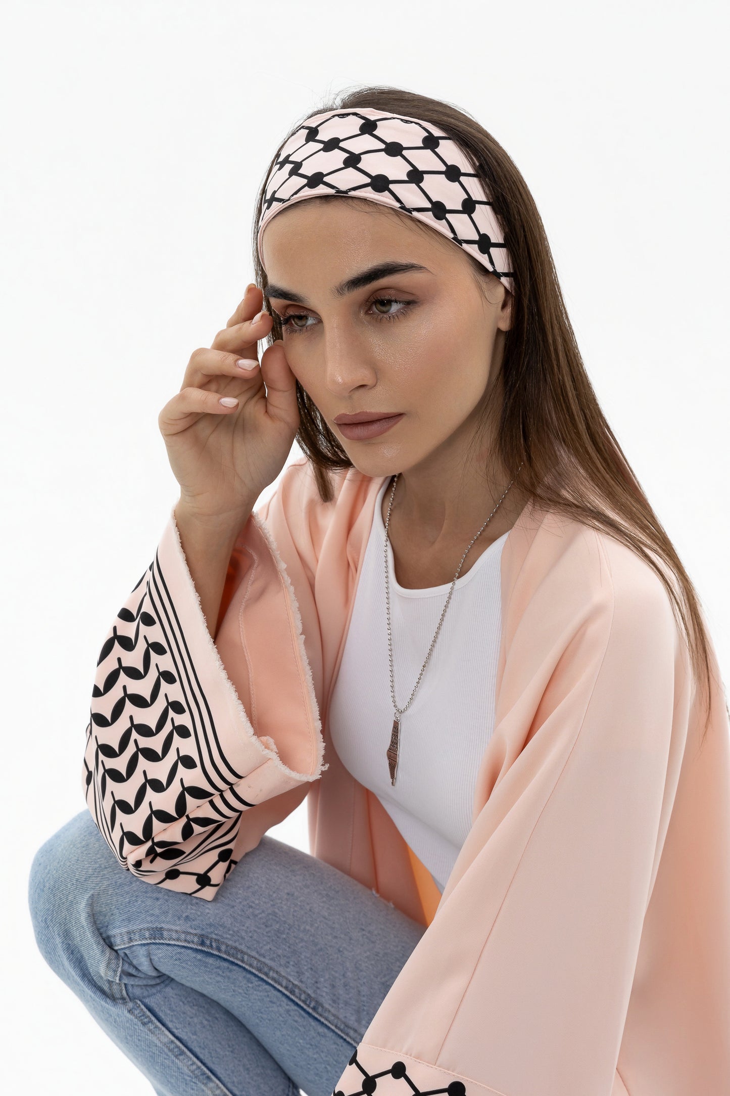 Peach Abaya with Keffiyeh Sleeves