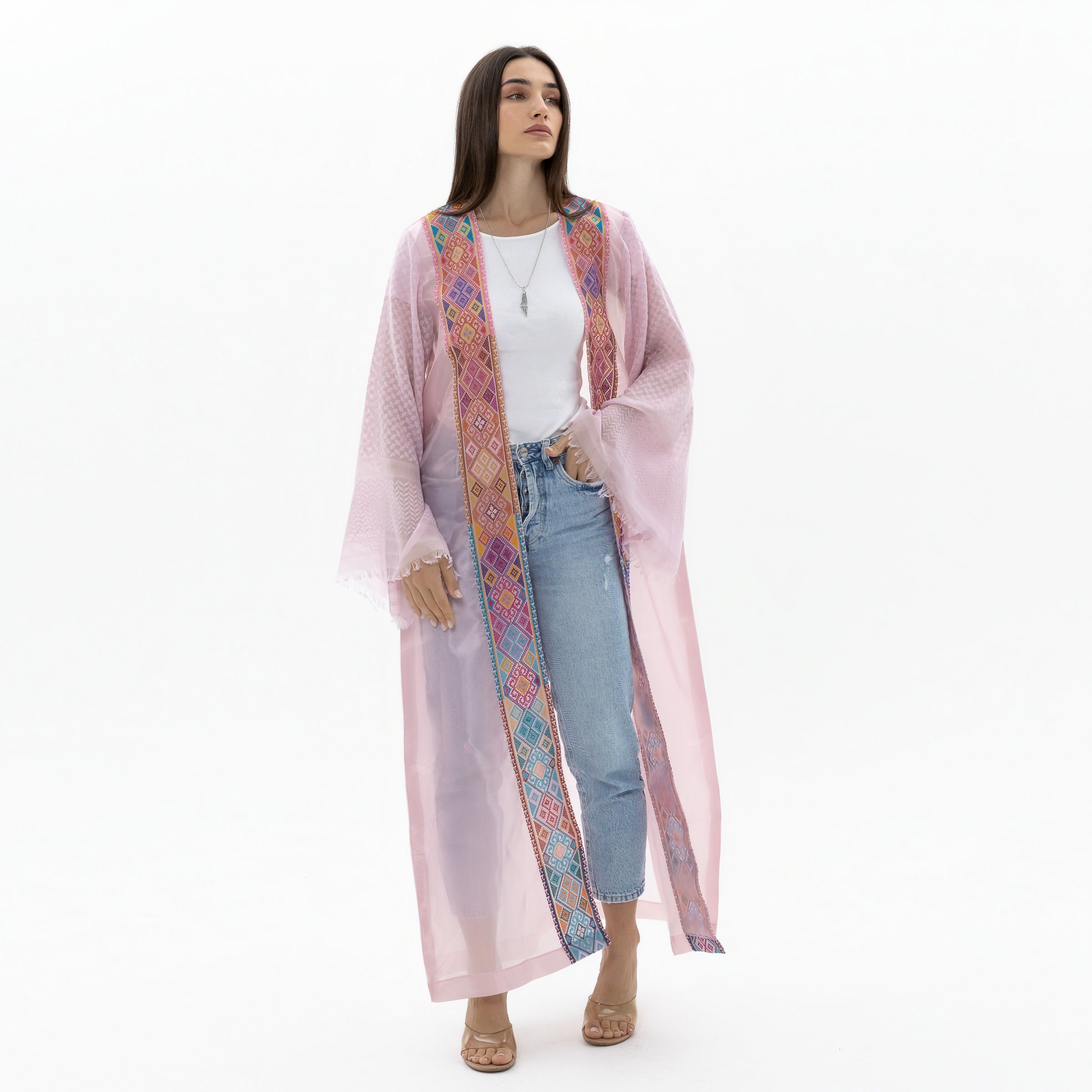 Light Pink Abaya with Tatreez & Keffiyeh Sleeves