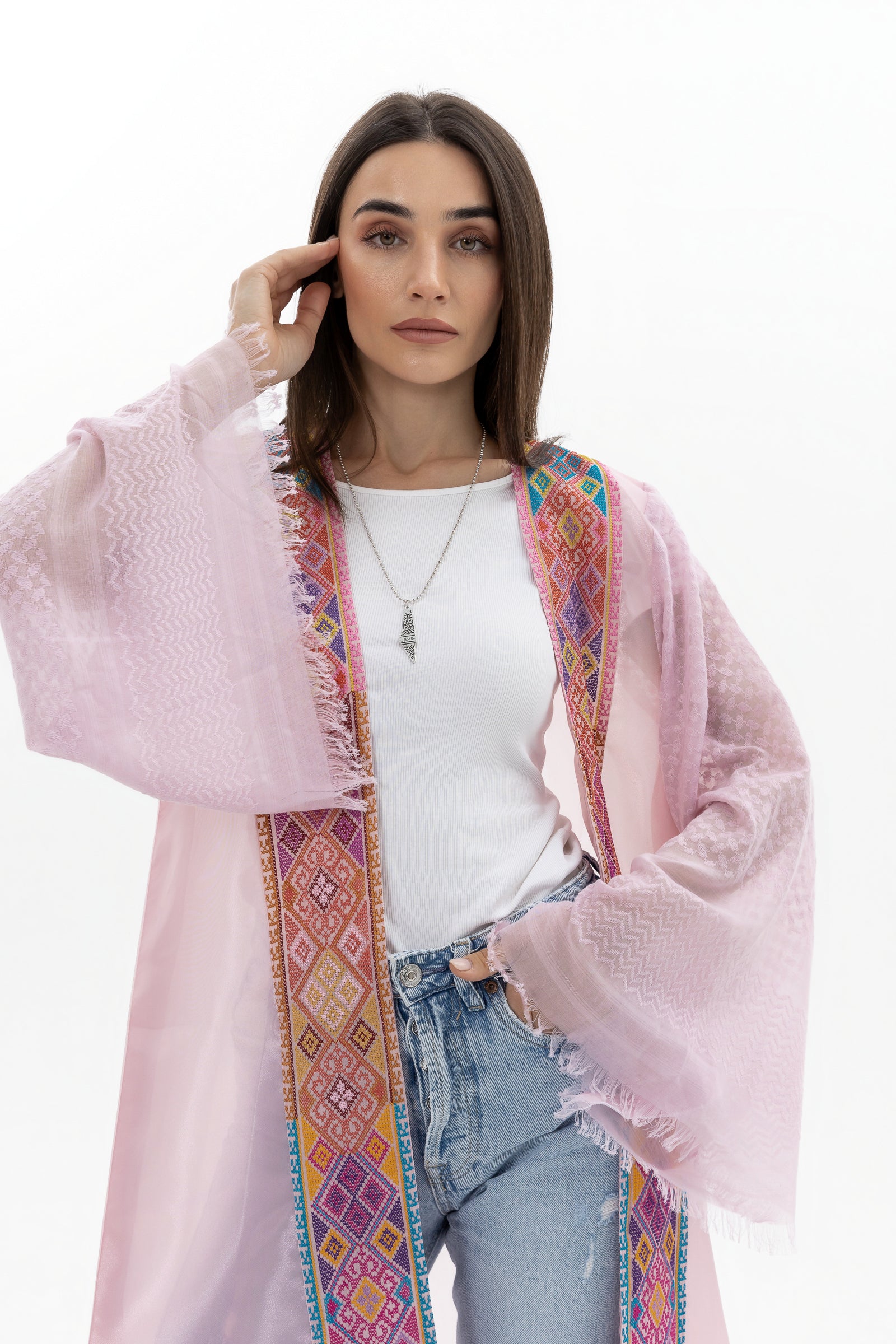 Light Pink Abaya with Tatreez & Keffiyeh Sleeves