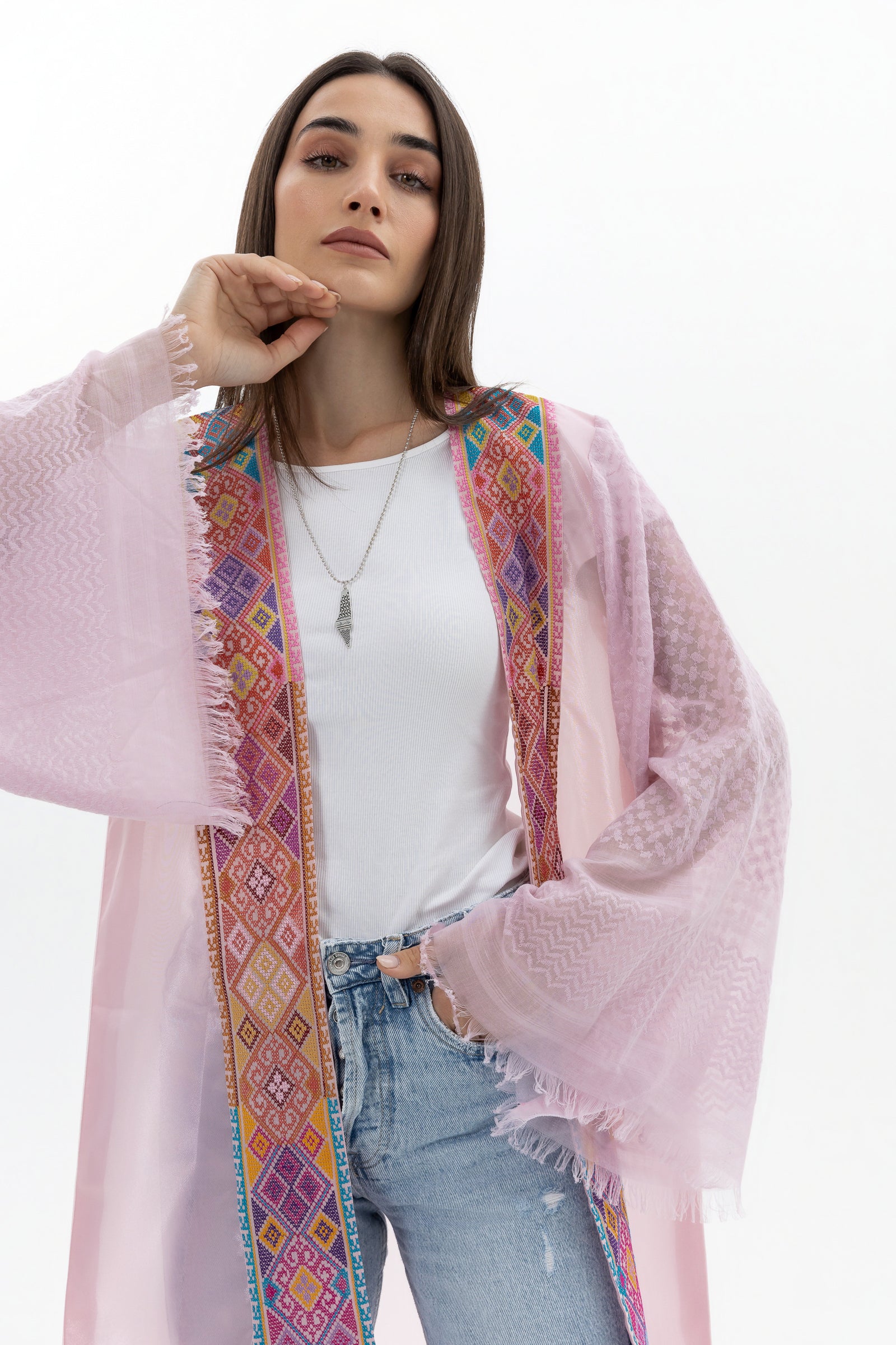 Light Pink Abaya with Tatreez & Keffiyeh Sleeves