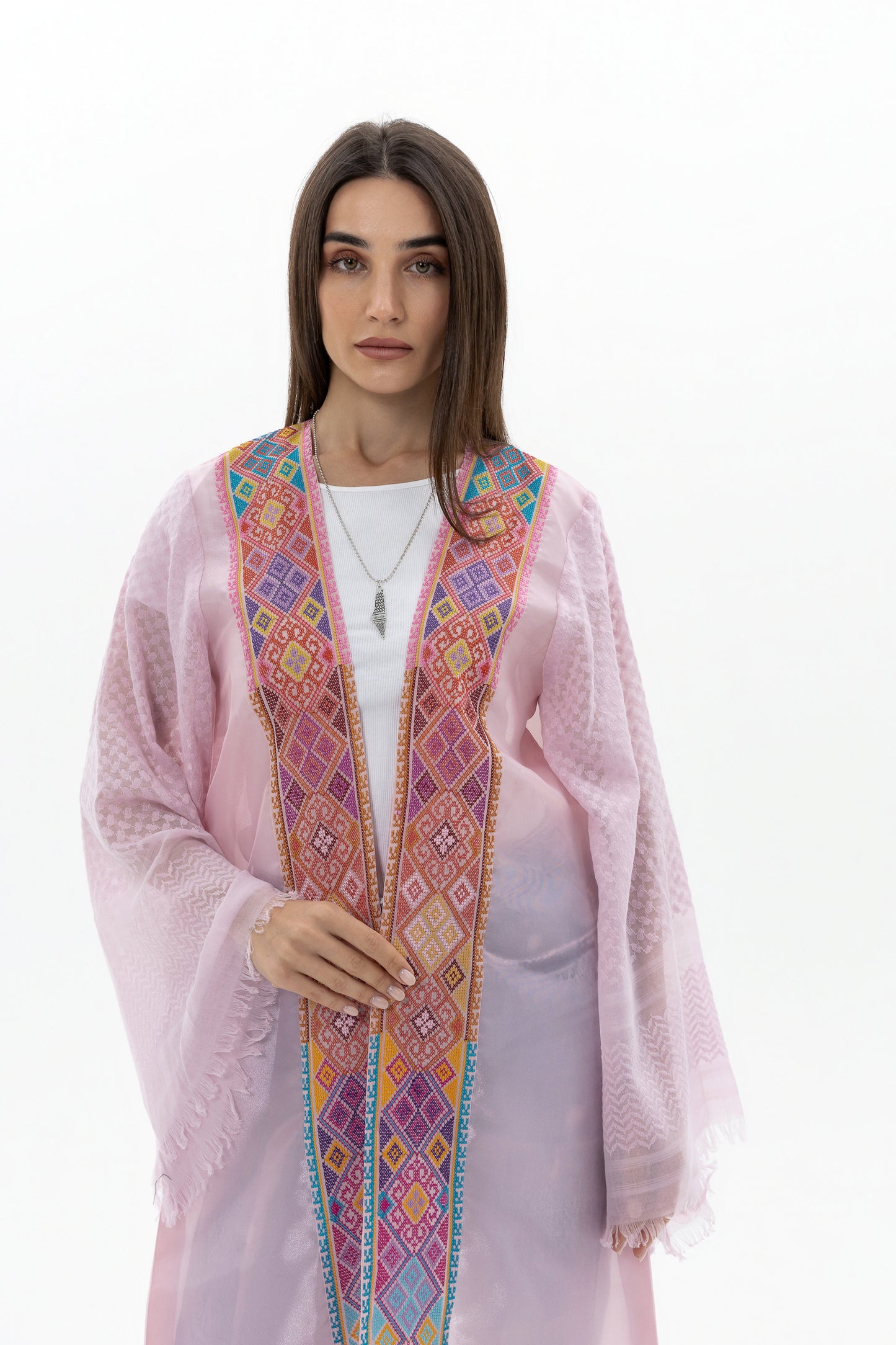 Light Pink Abaya with Tatreez & Keffiyeh Sleeves