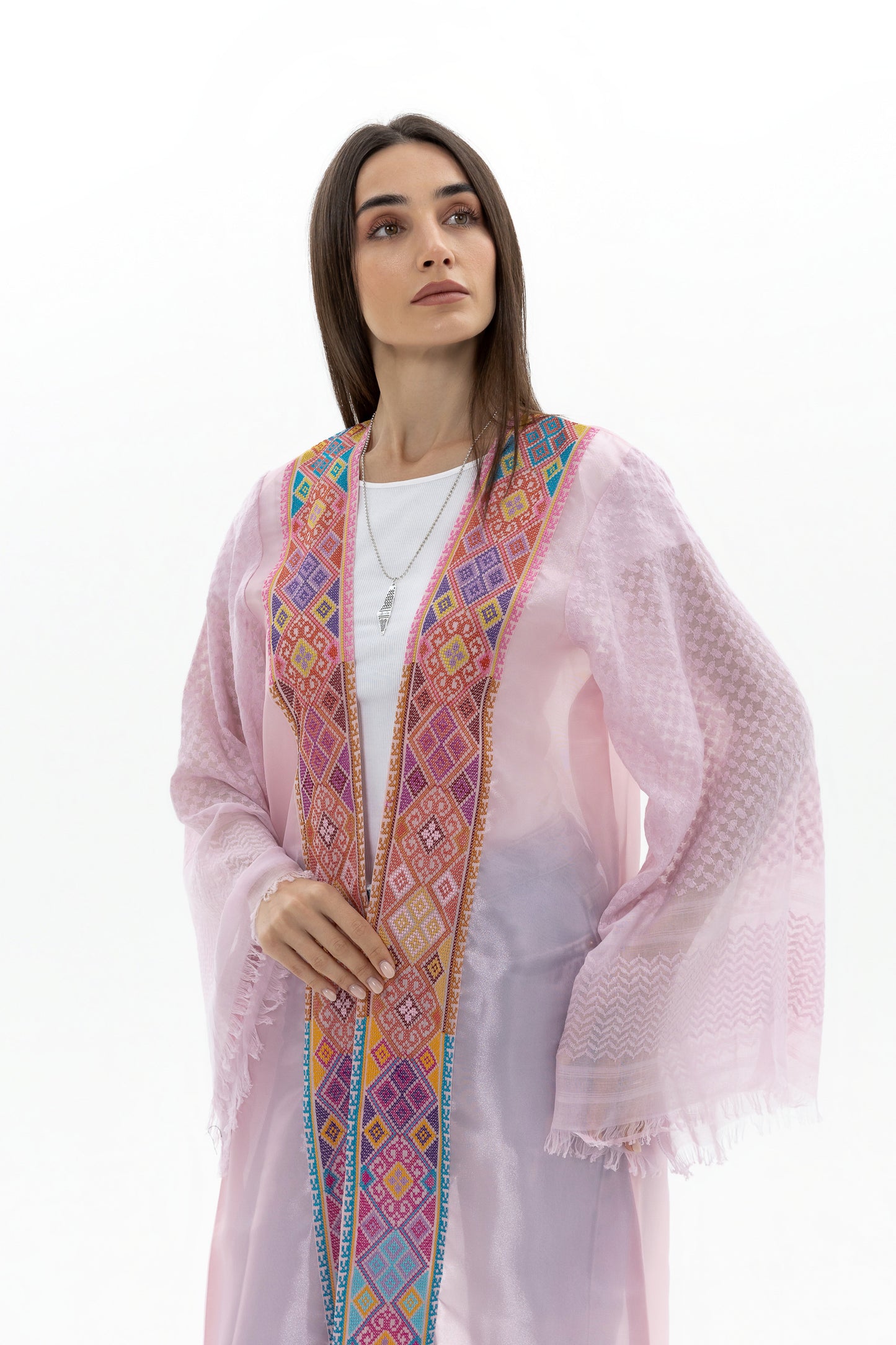 Light Pink Abaya with Tatreez & Keffiyeh Sleeves