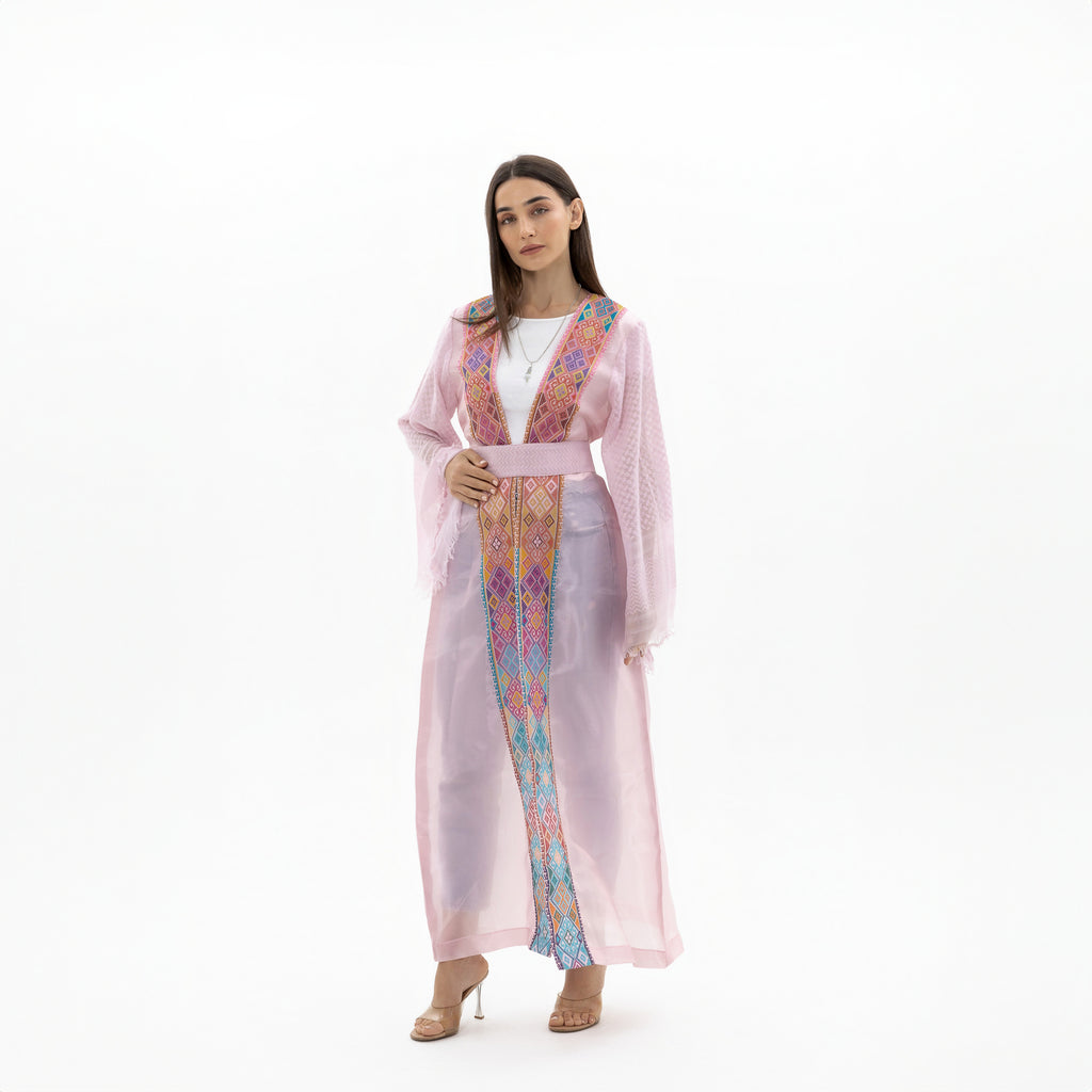 Light Pink Abaya with Tatreez & Keffiyeh Sleeves