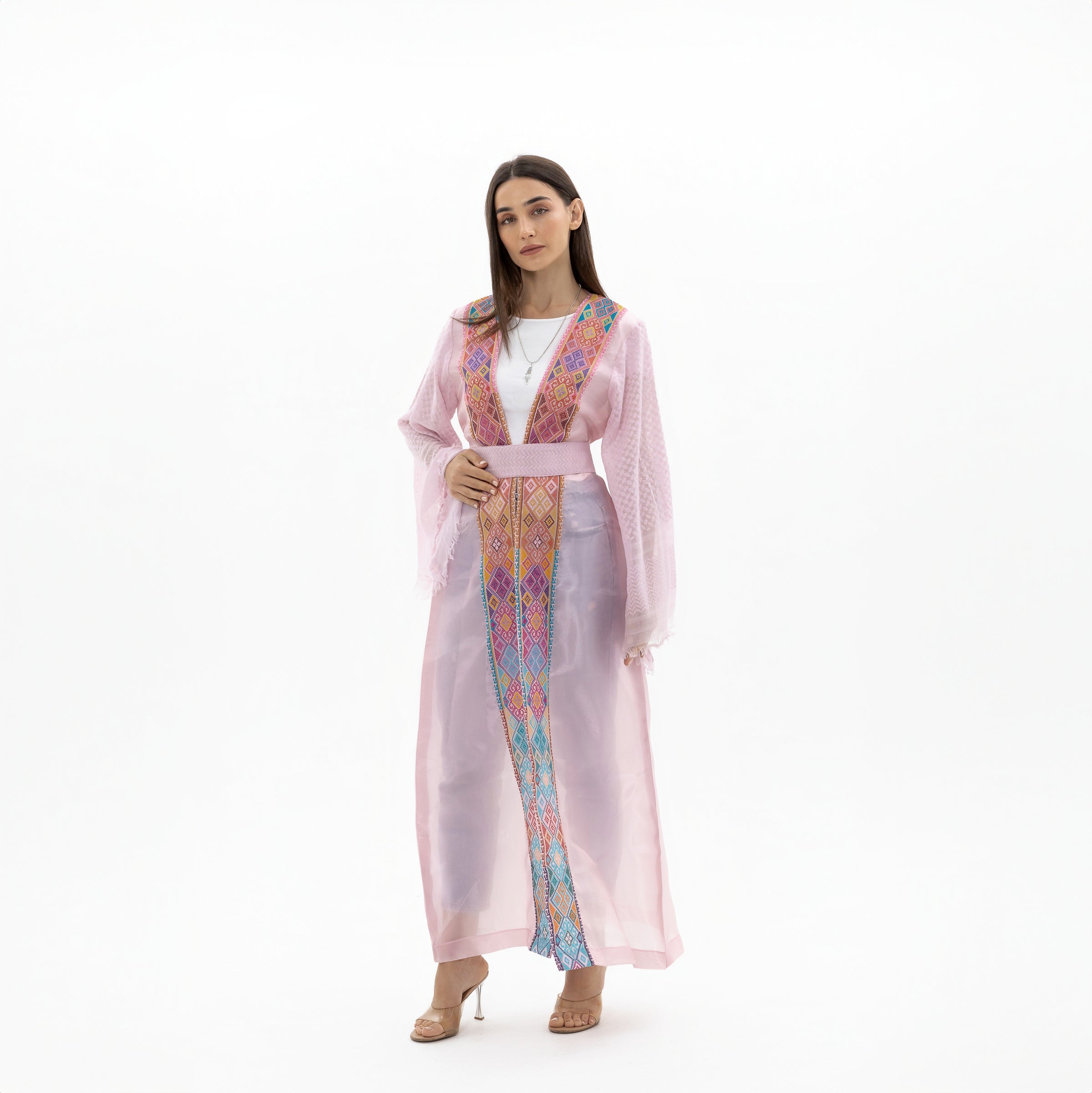 Light Pink Abaya with Tatreez & Keffiyeh Sleeves