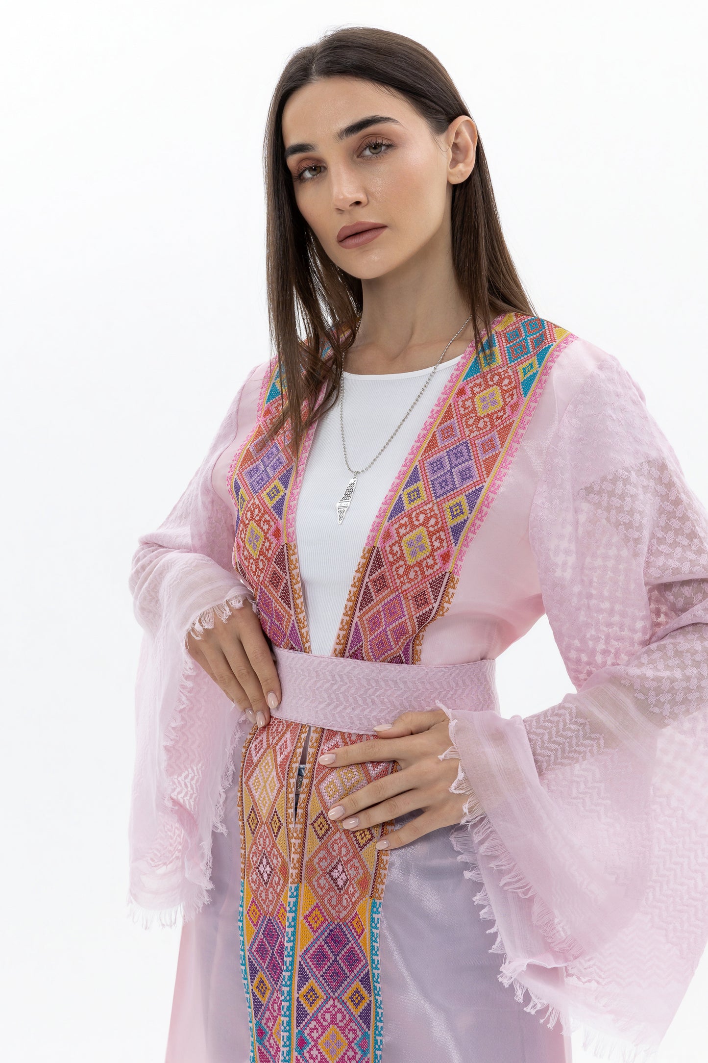 Light Pink Abaya with Tatreez & Keffiyeh Sleeves