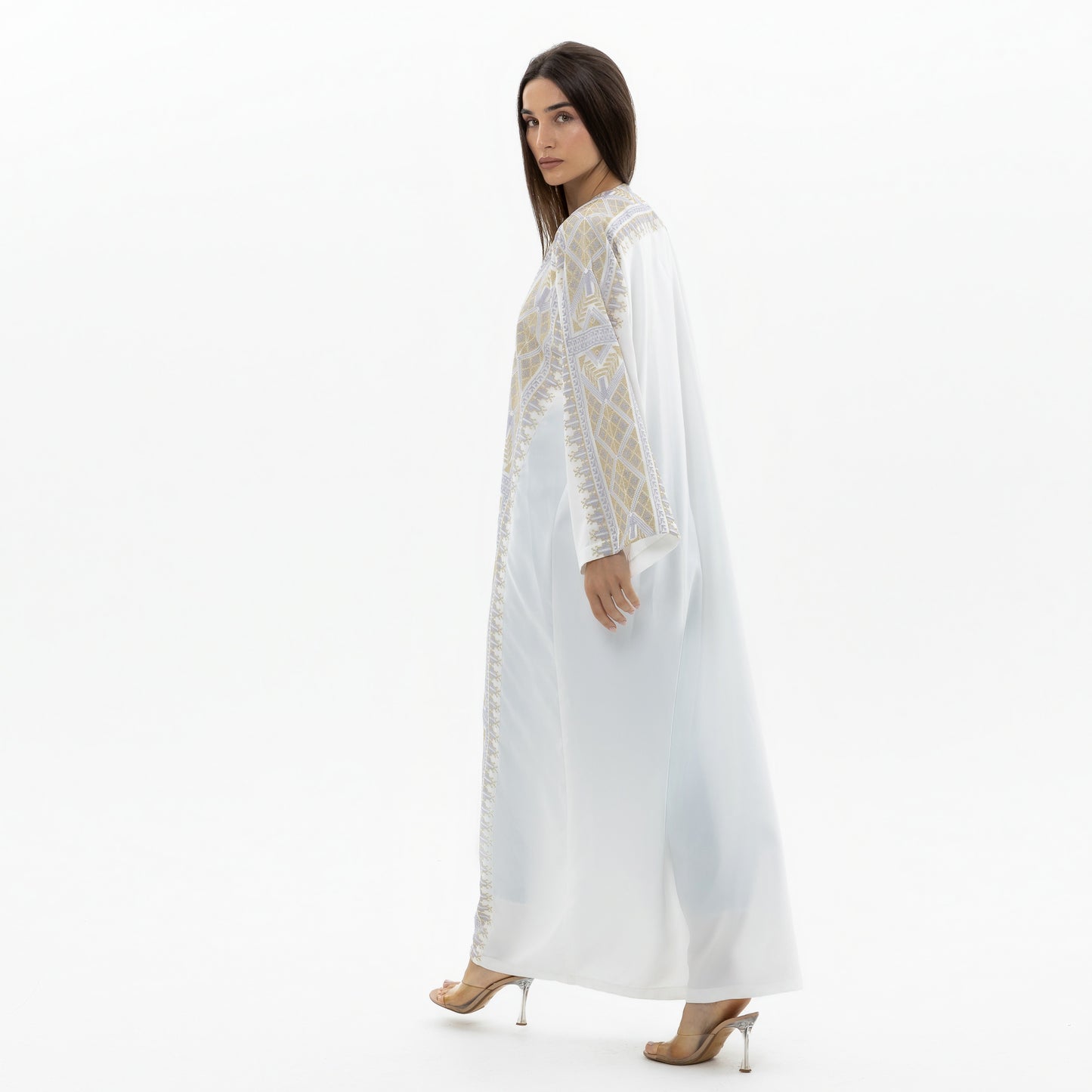 White Abaya with Gold & Silver Tatreez