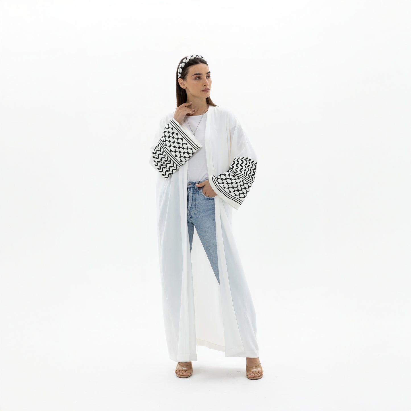 White Abaya with Keffiyeh Sleeves