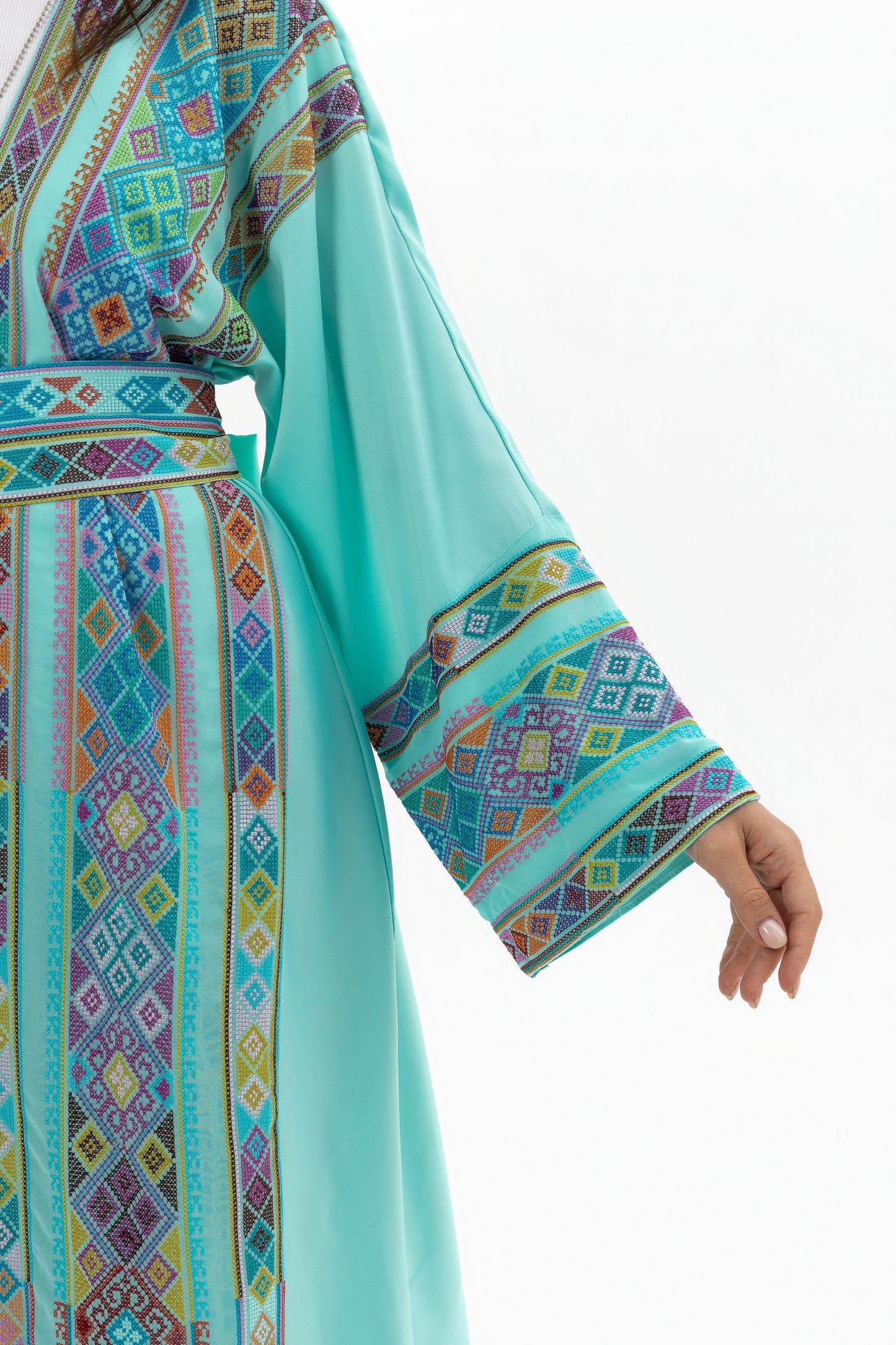 Turquoise open abaya with Tatreez Details