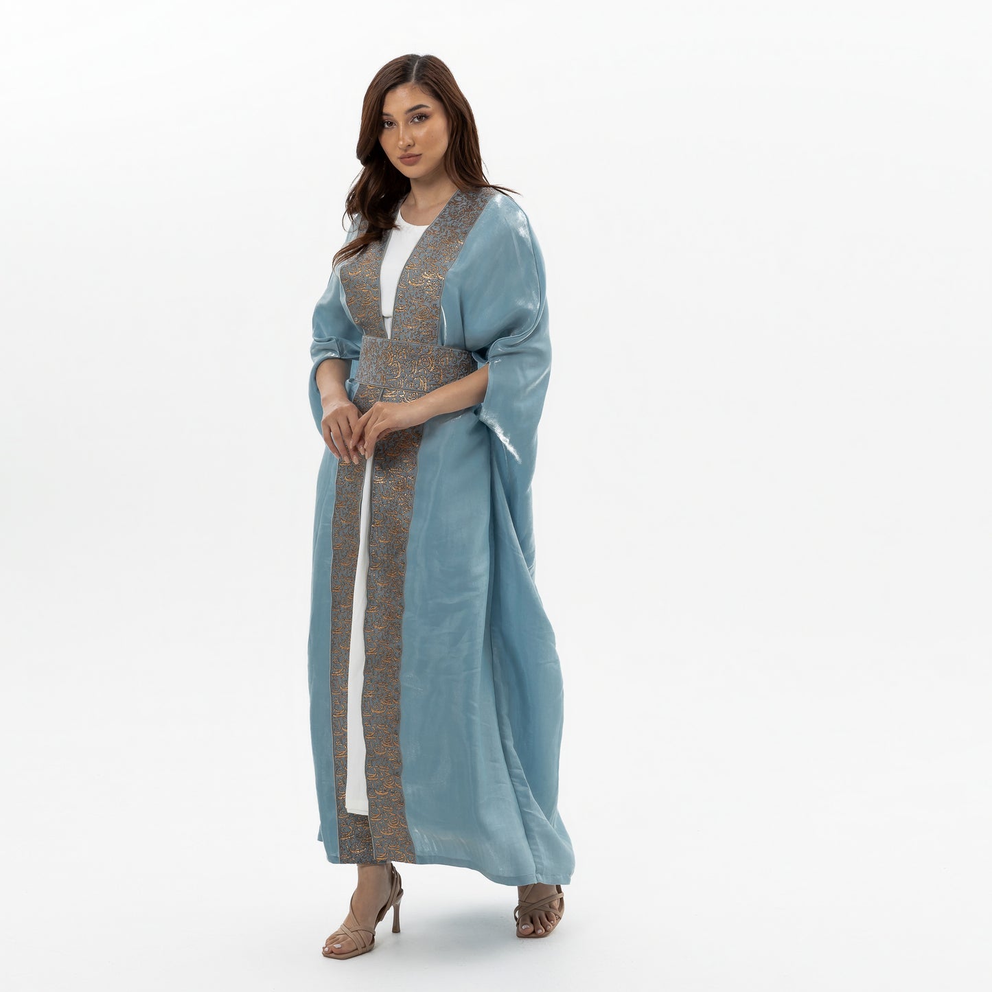 Blue-Gray Abaya with Embroidered Belt