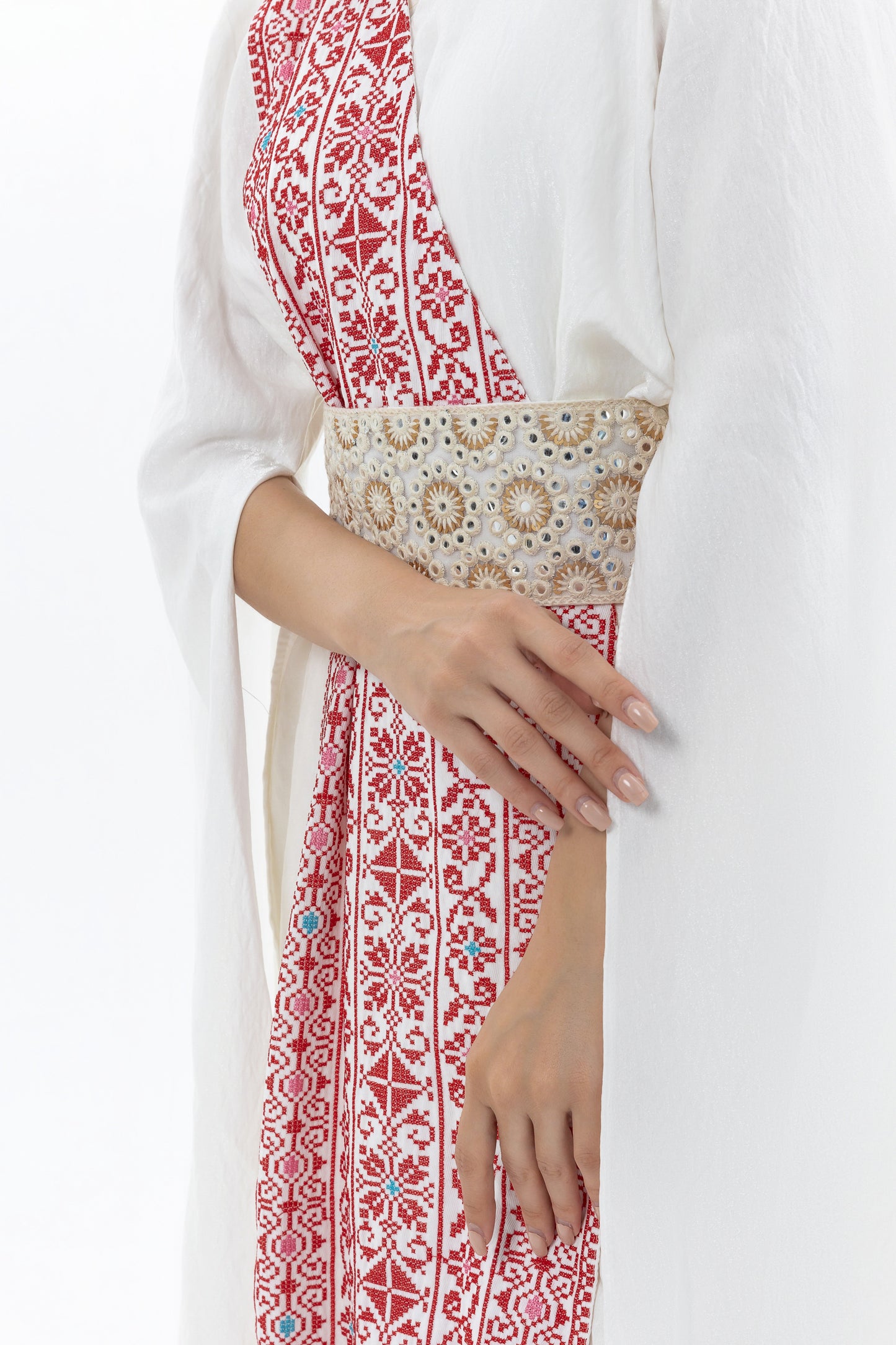 White abaya with Red Embroidery Details