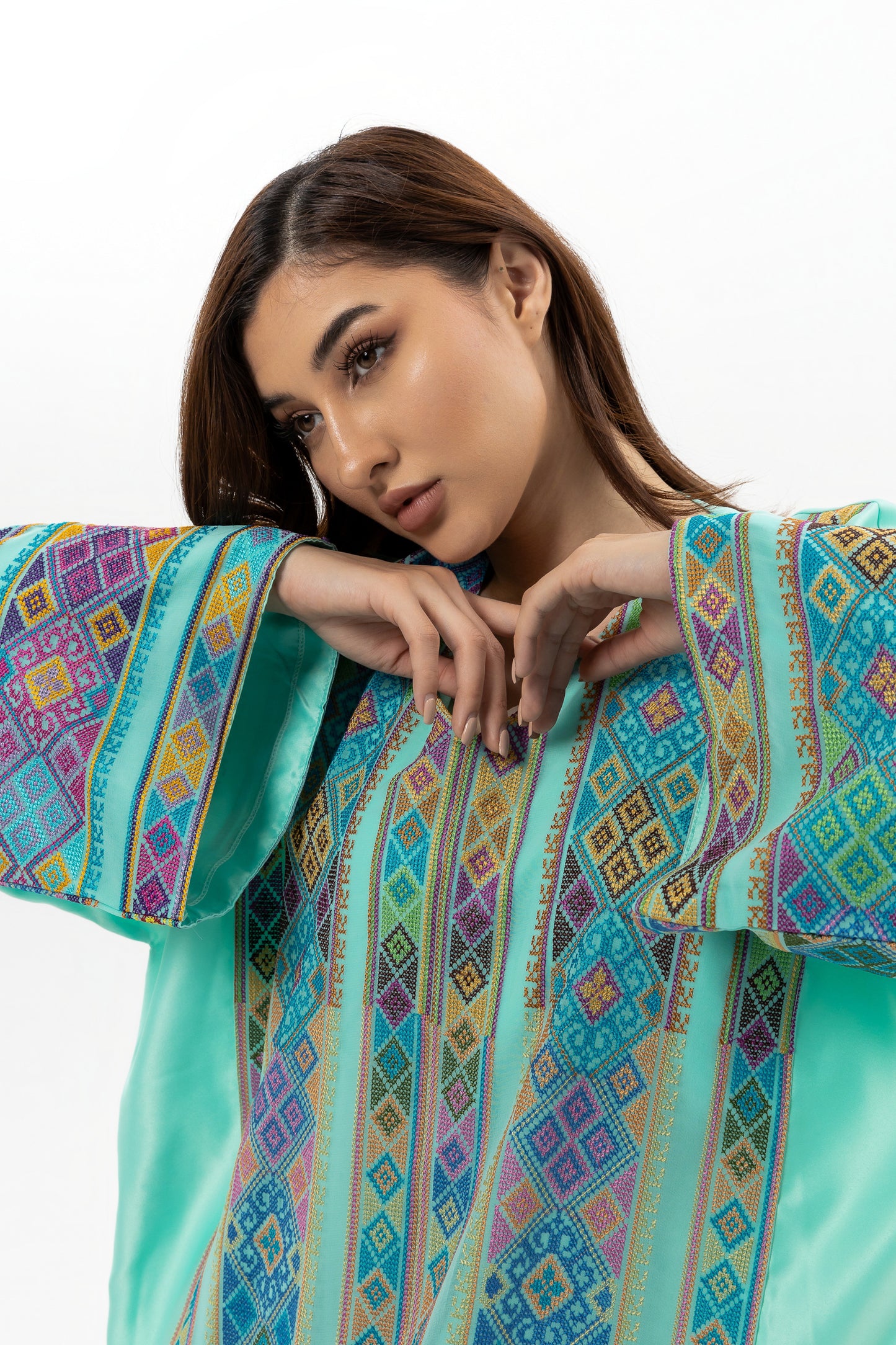 Adult Turquoise Kaftan with Tatreez Details