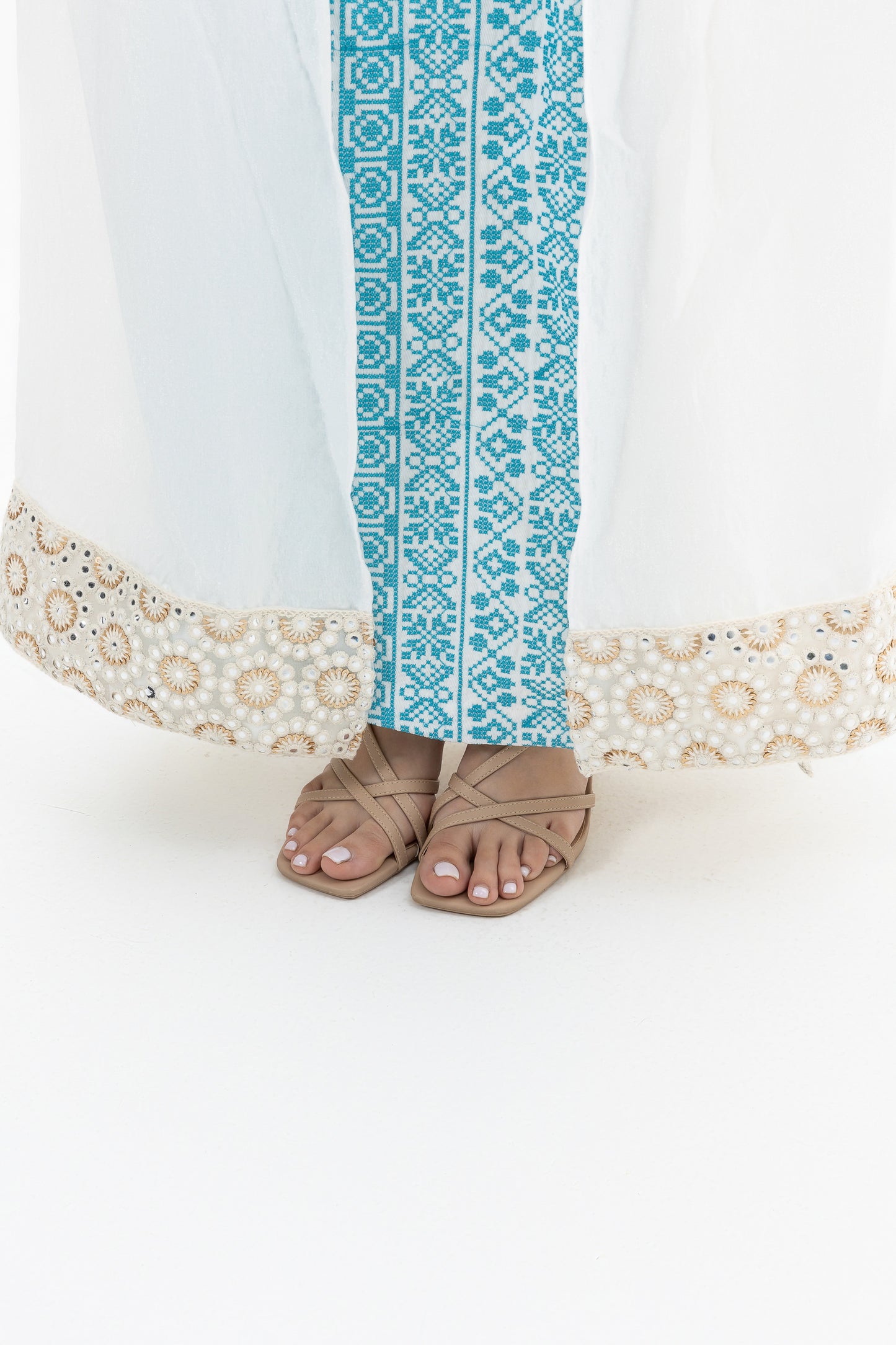 White Abaya with Blue Embroidery Details