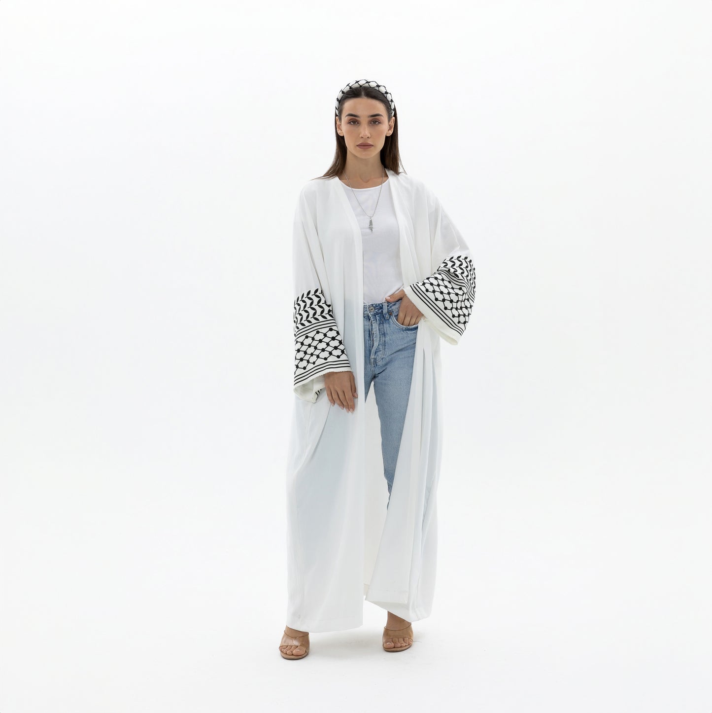 White Abaya with Keffiyeh Sleeves