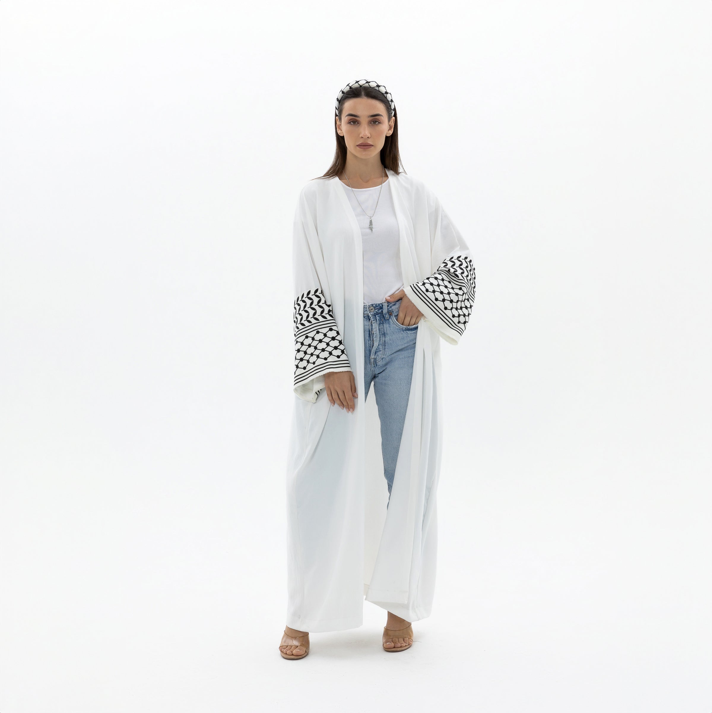 White Abaya with Keffiyeh Sleeves