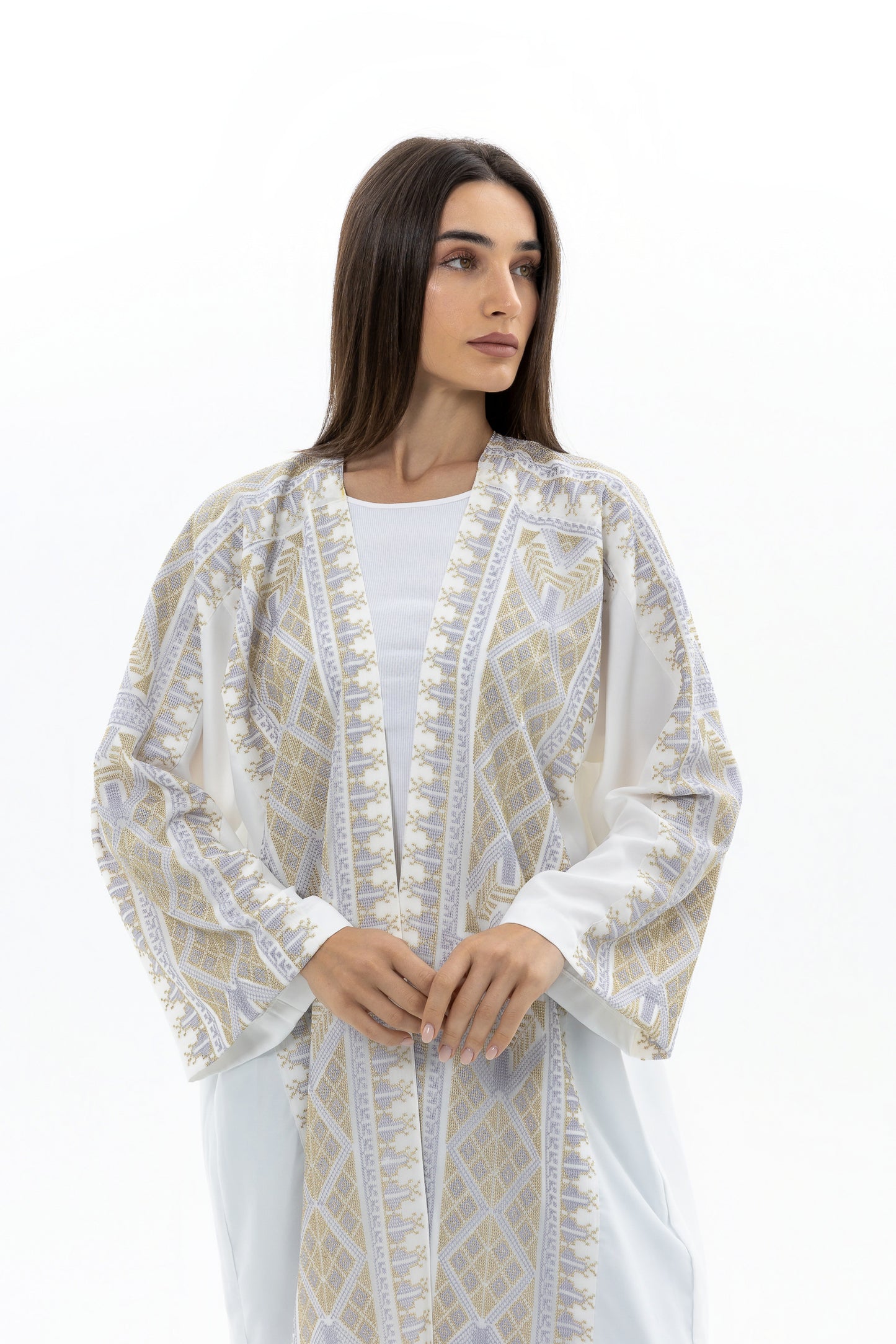 White Abaya with Gold & Silver Tatreez