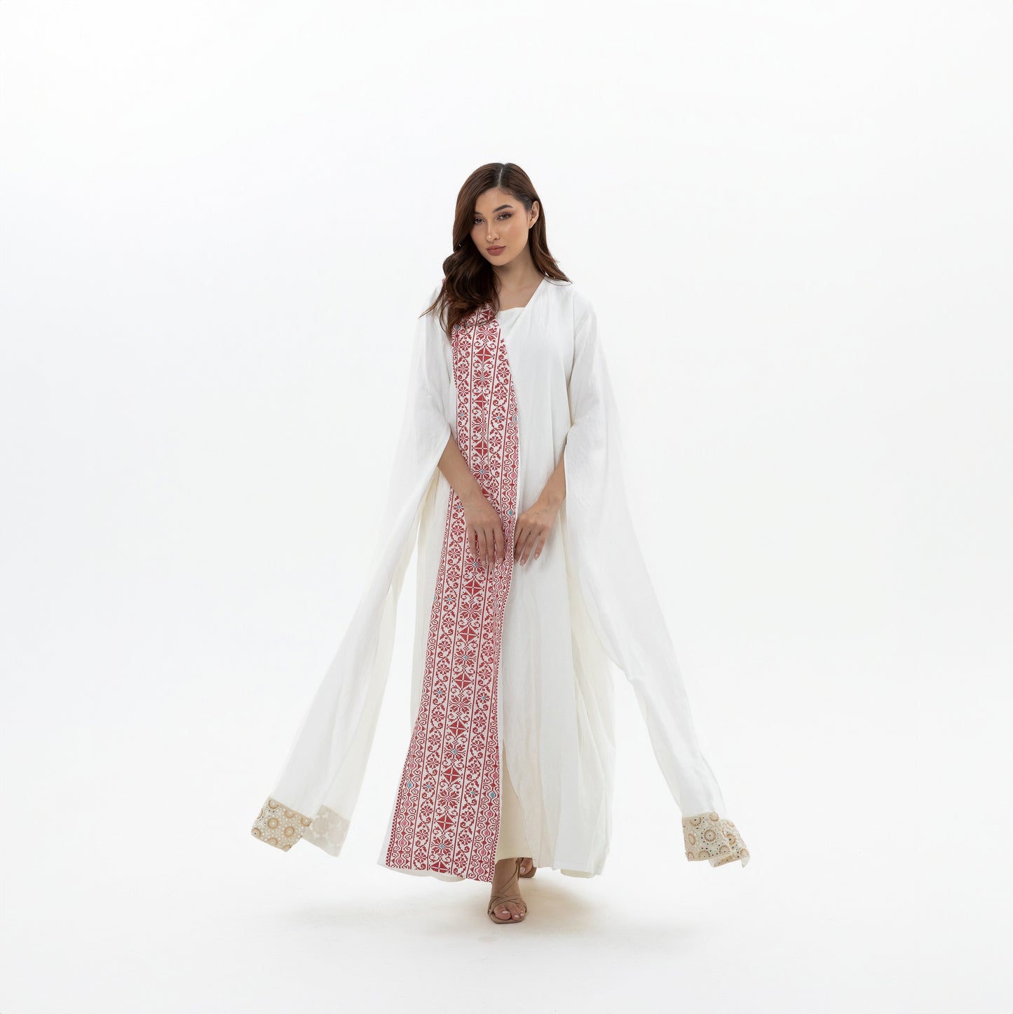 White abaya with Red Embroidery Details