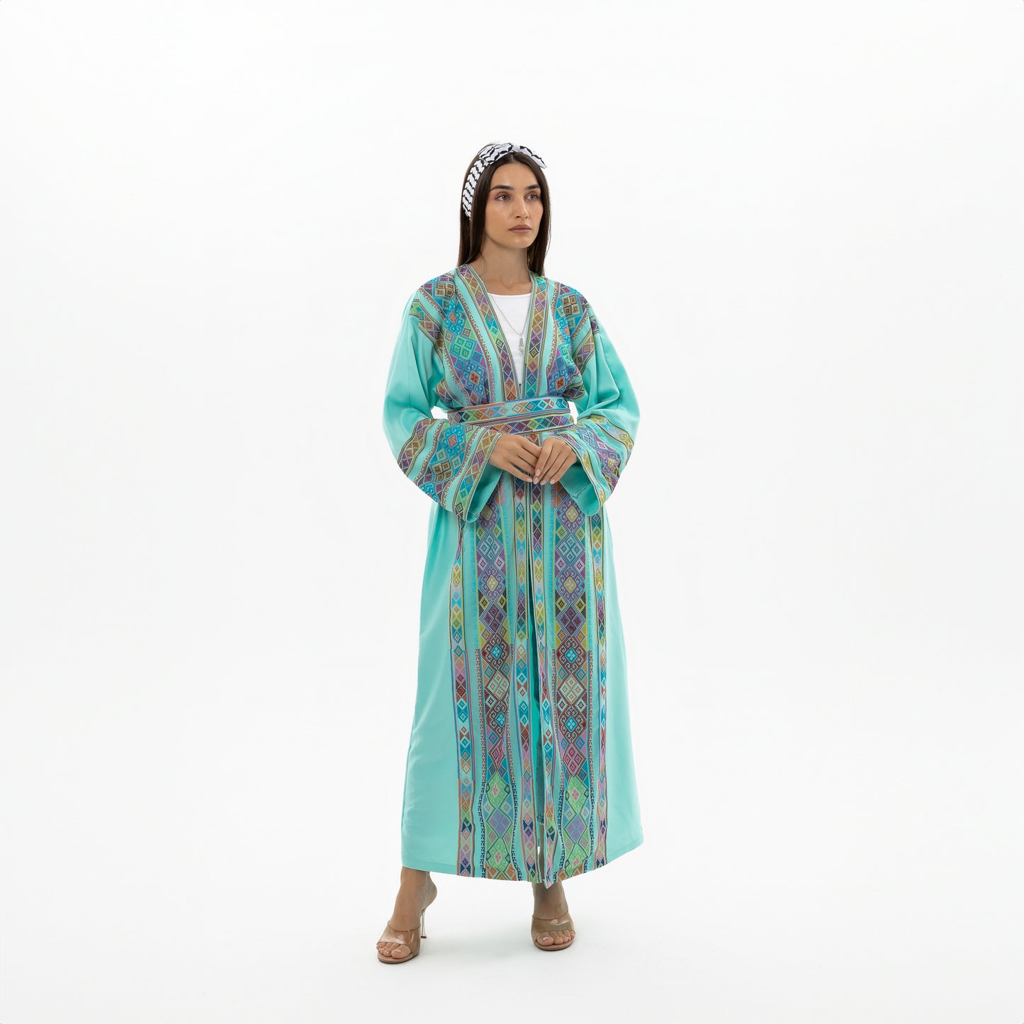 Turquoise open abaya with Tatreez Details