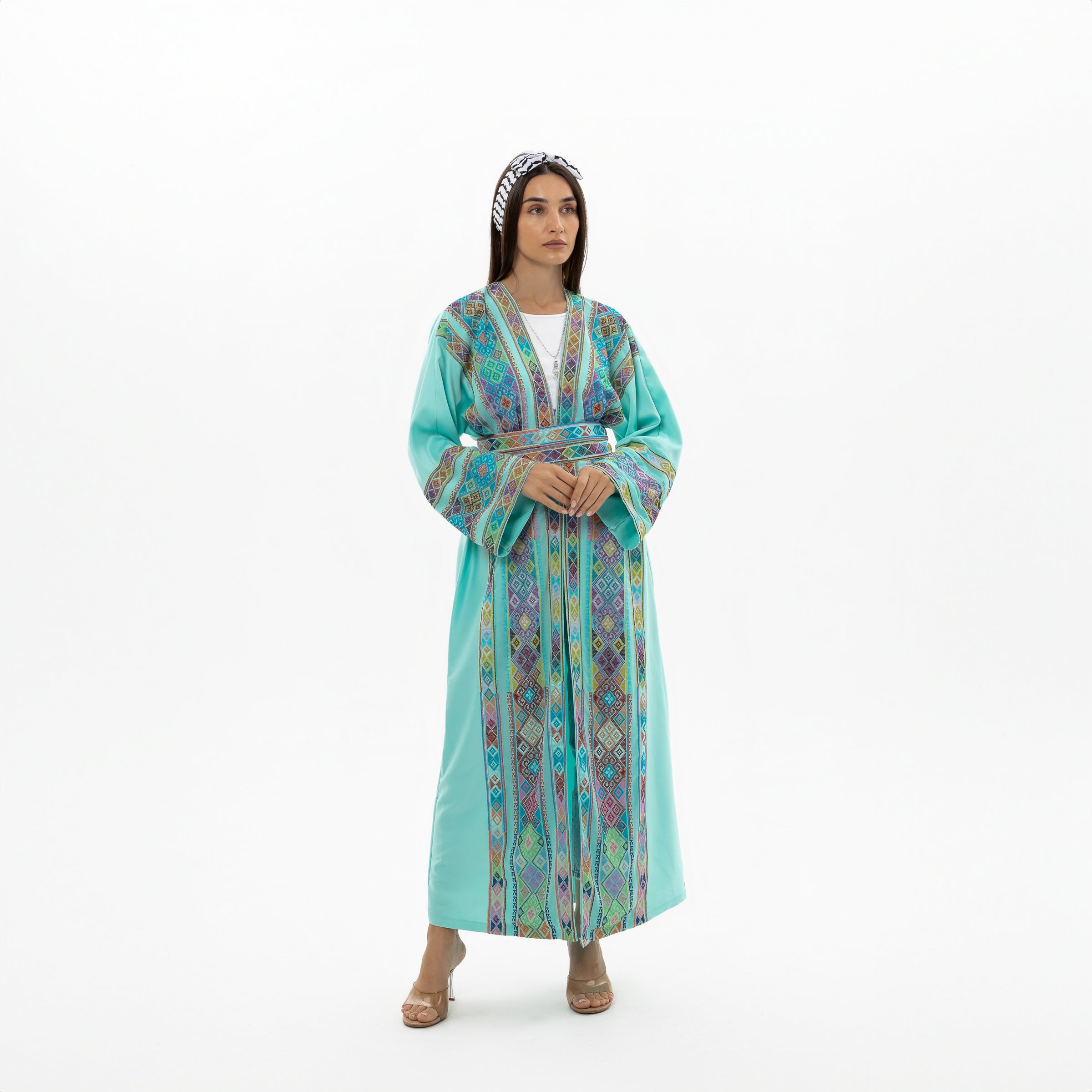 Turquoise open abaya with Tatreez Details