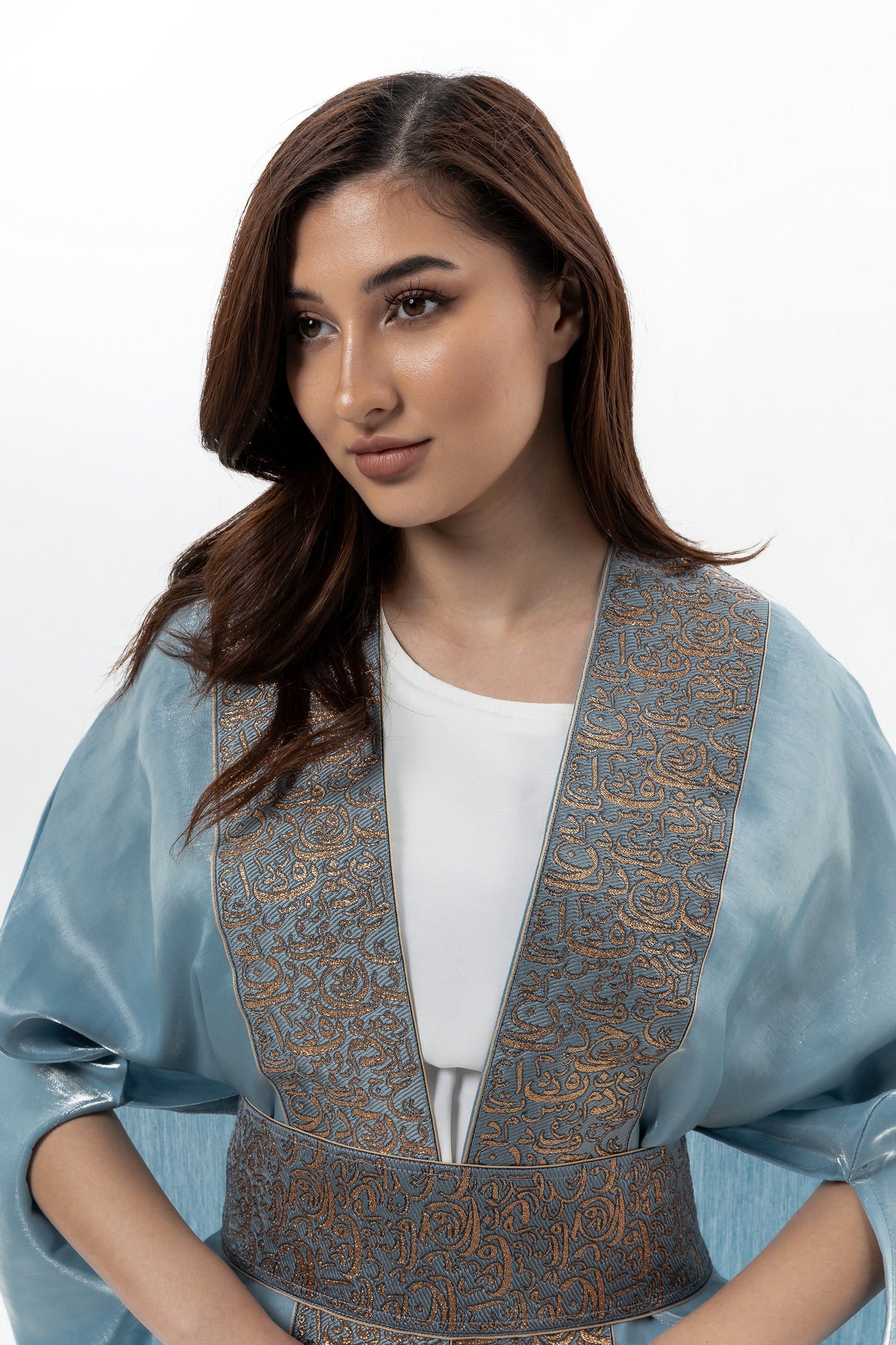 Blue-Gray Abaya with Embroidered Belt