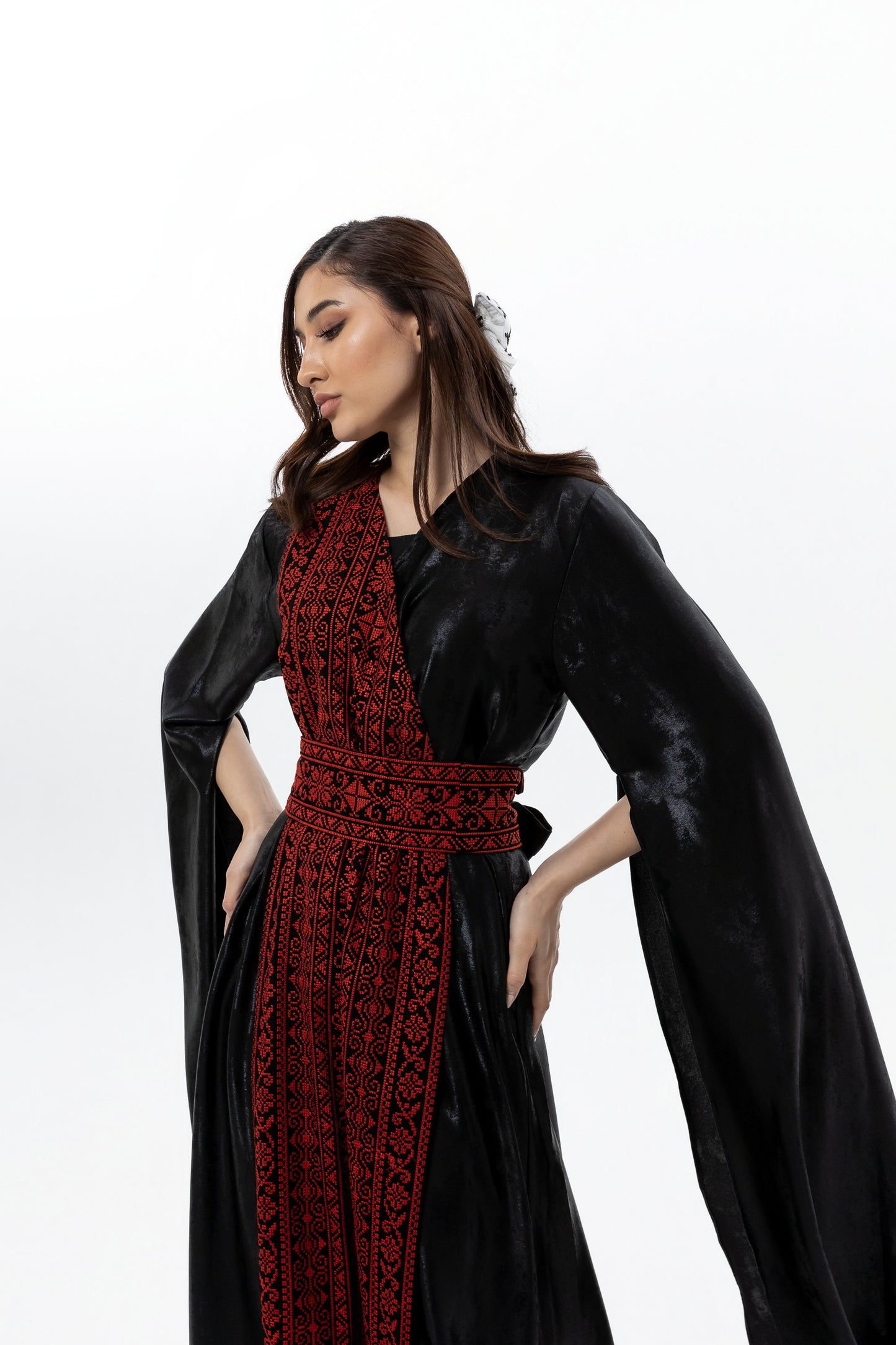 Black Abaya with Red Embroidery Details