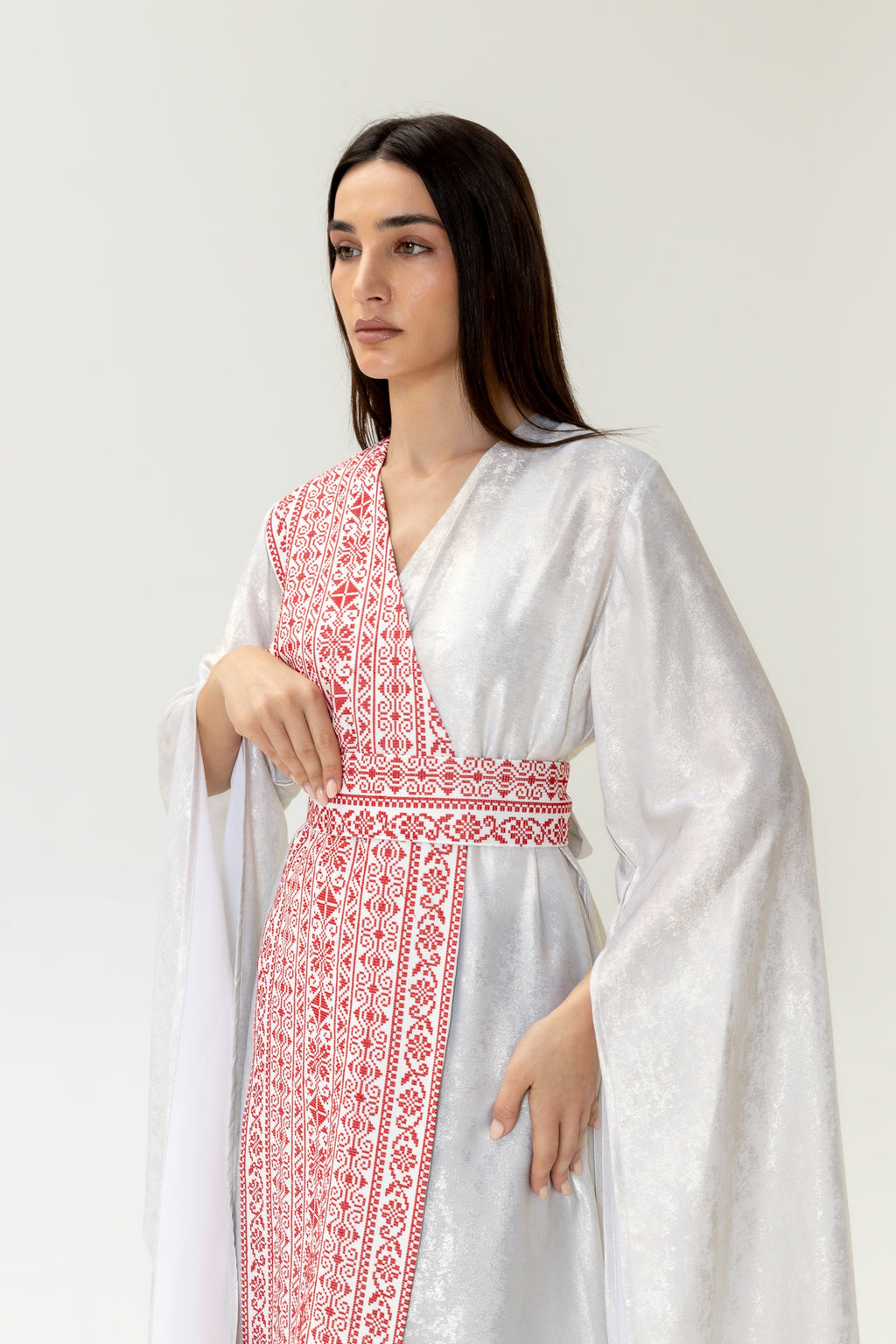 Silver Embroidered Wrap Abaya