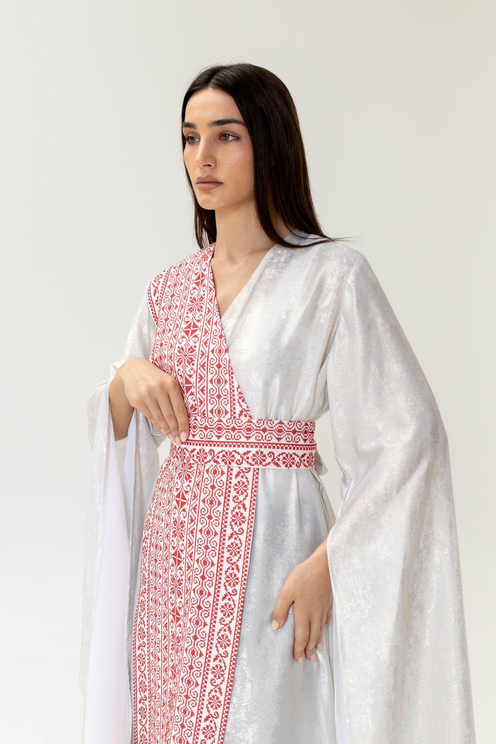 Silver Embroidered Wrap Abaya