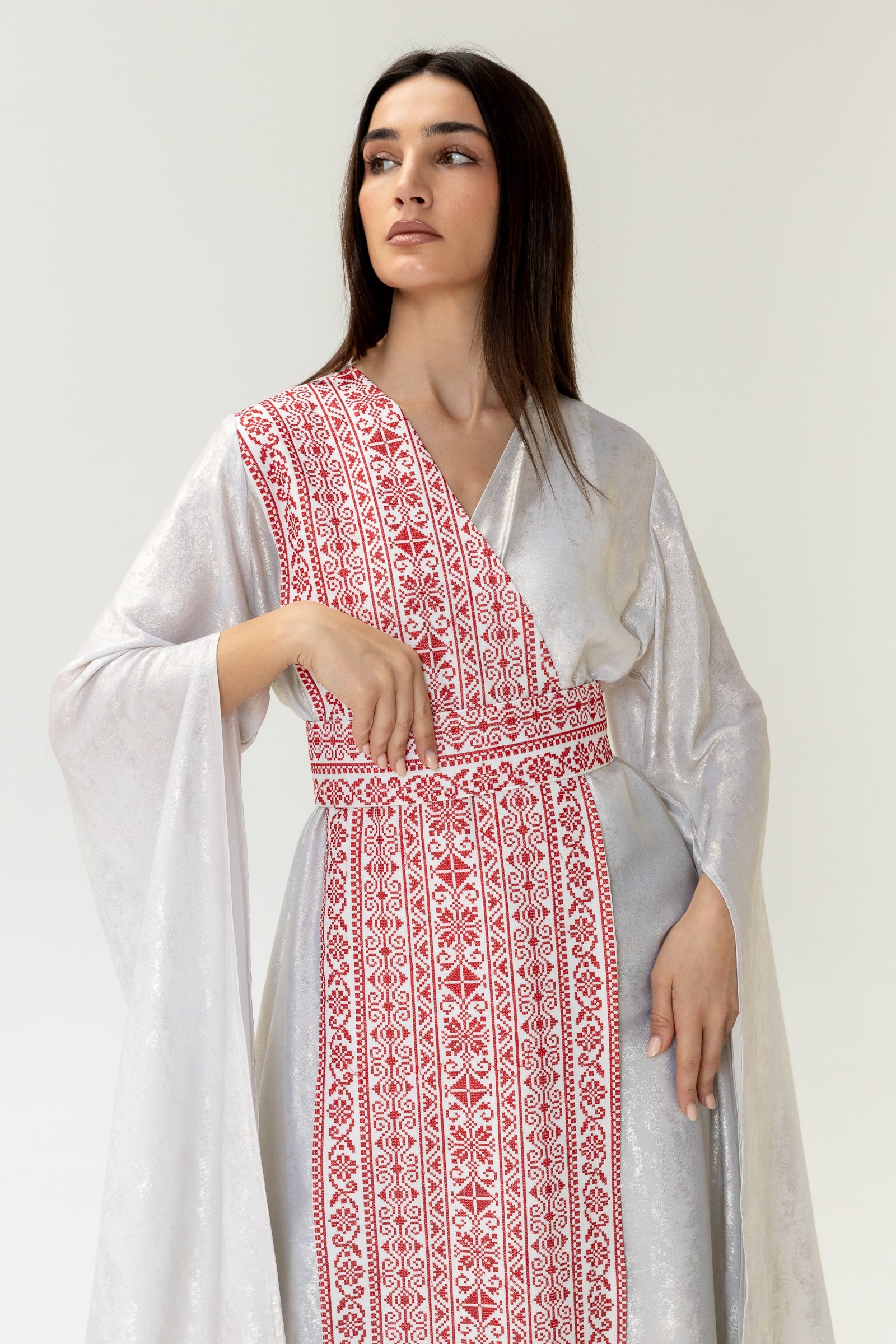 Silver Embroidered Wrap Abaya