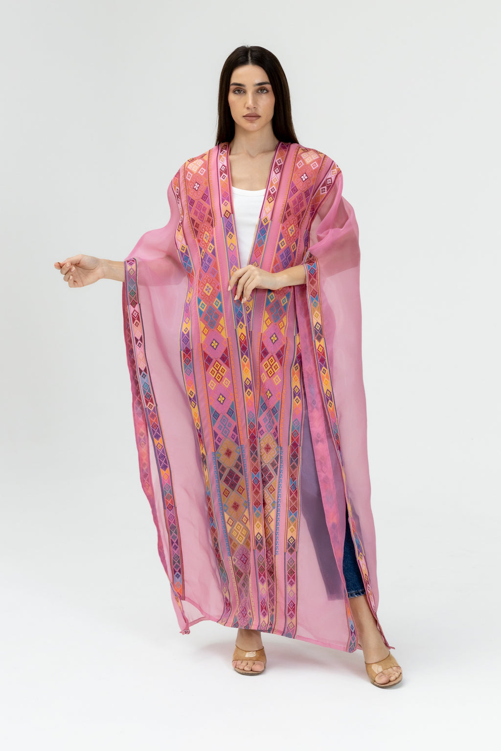 Pink Embroidered Open Abaya