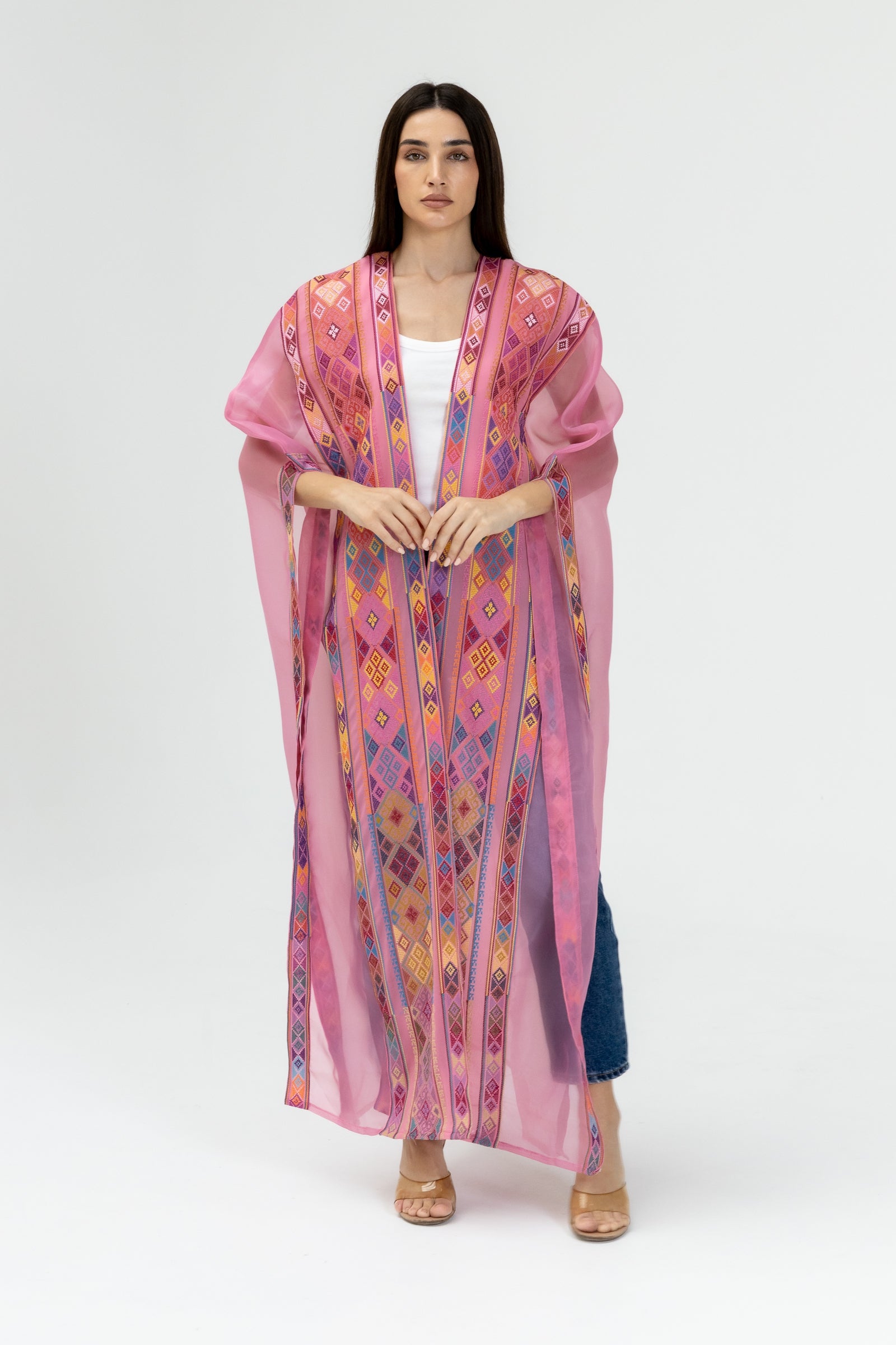 Pink Embroidered Open Abaya
