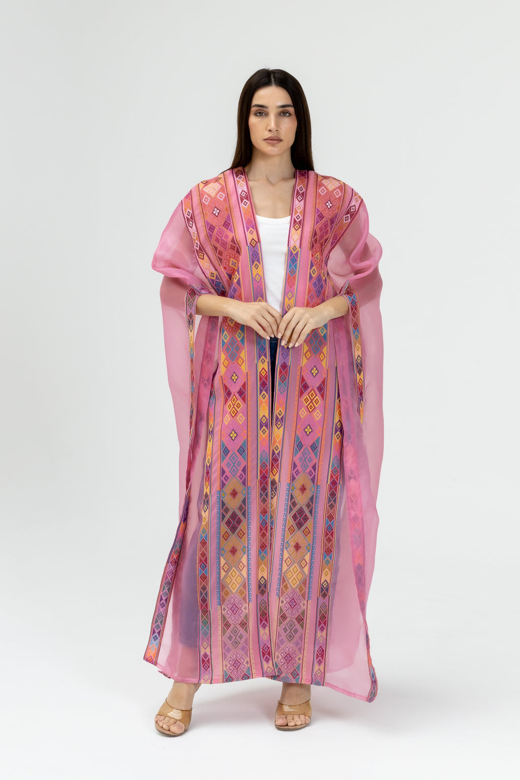 Pink Embroidered Open Abaya