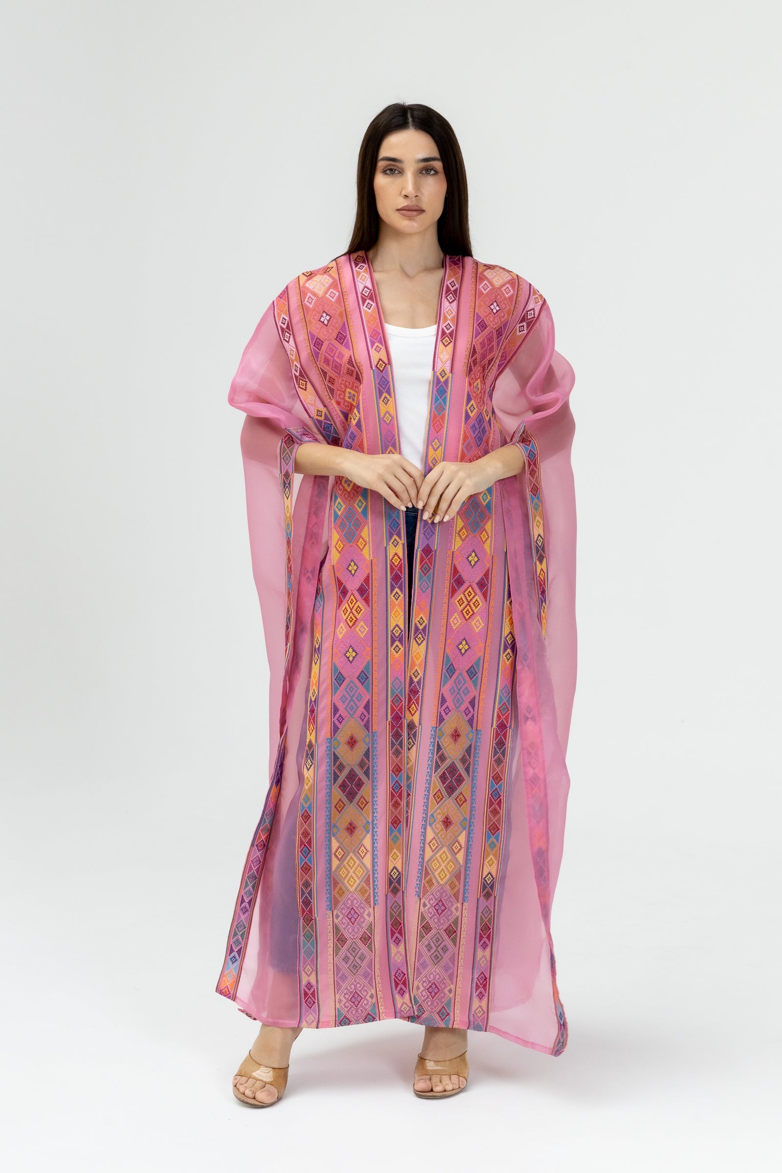 Pink Embroidered Open Abaya