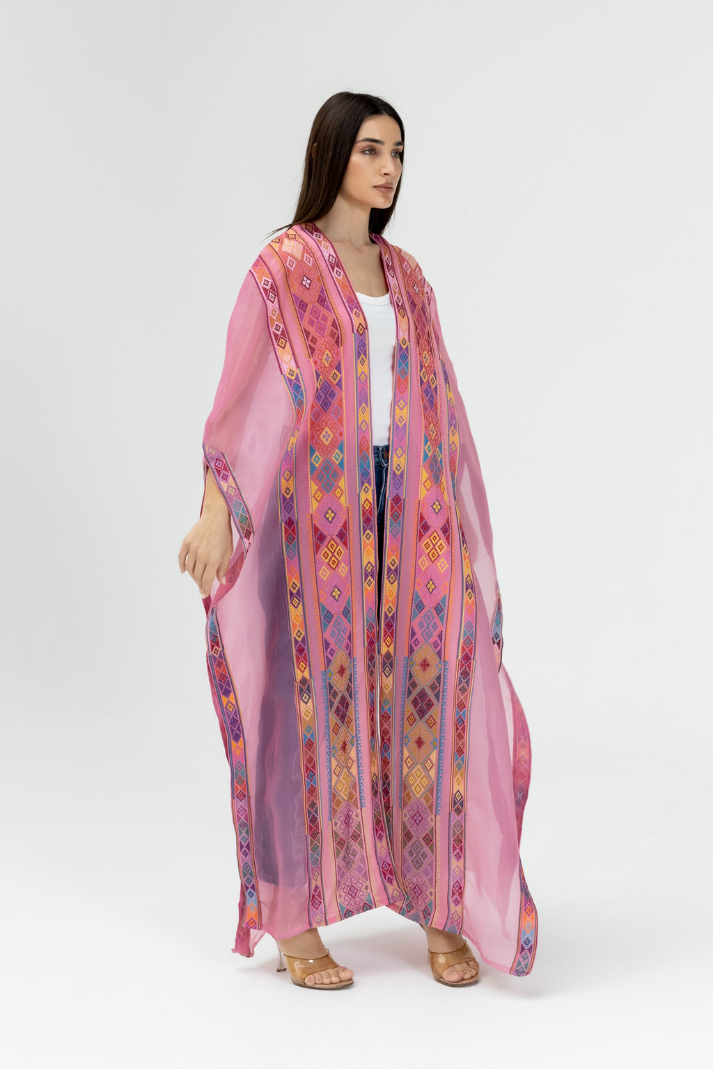 Pink Embroidered Open Abaya