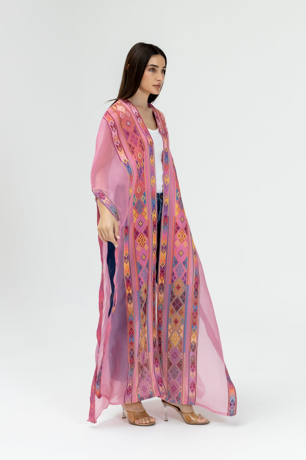 Pink Embroidered Open Abaya