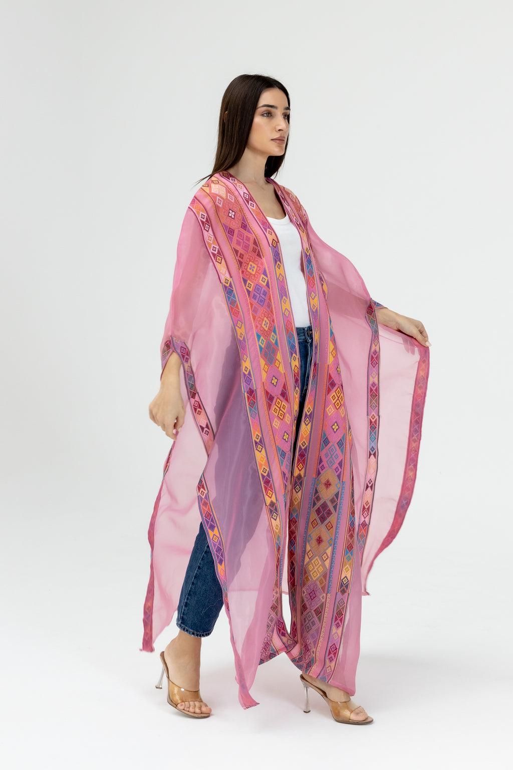 Pink Embroidered Open Abaya