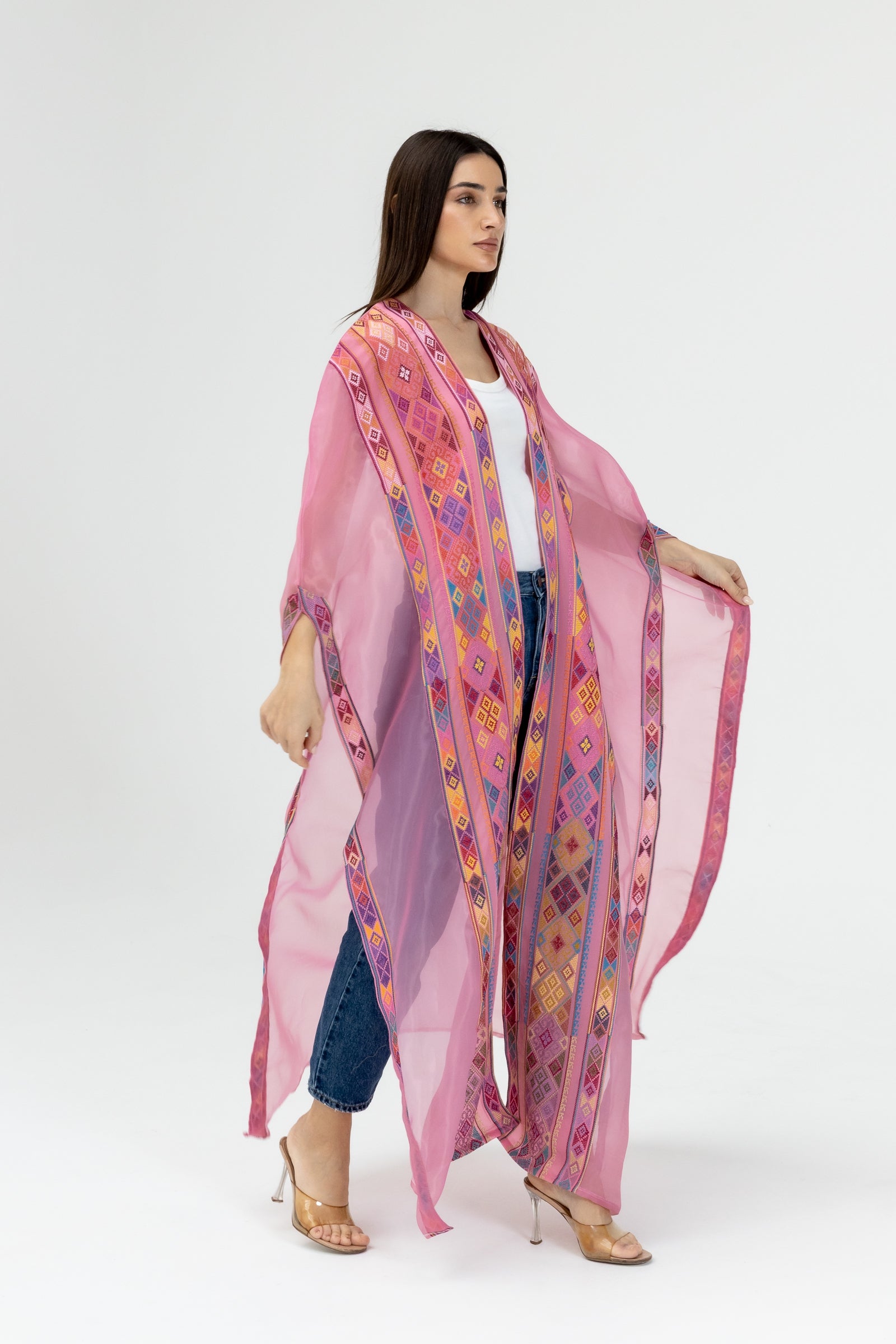 Pink Embroidered Open Abaya