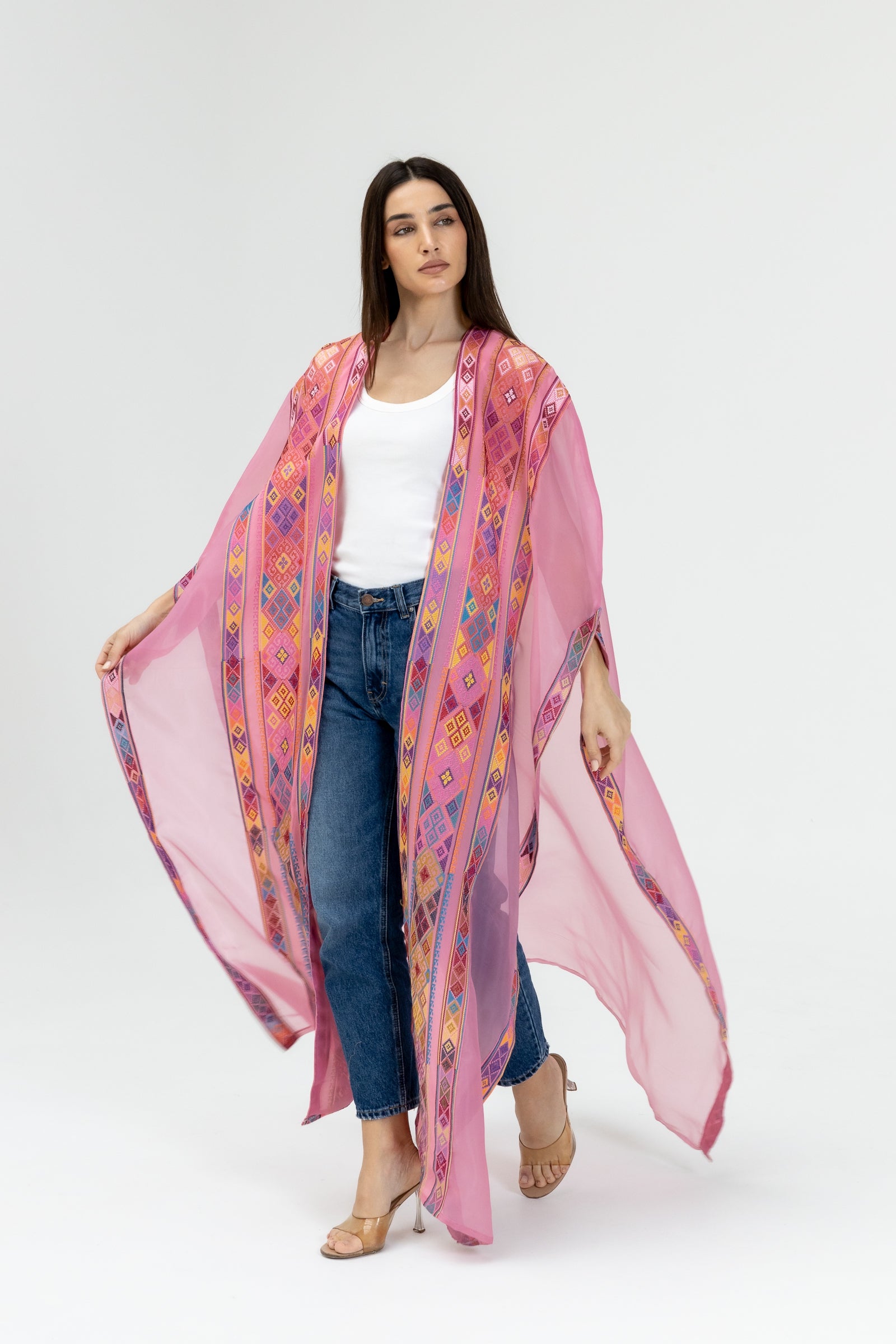 Pink Embroidered Open Abaya