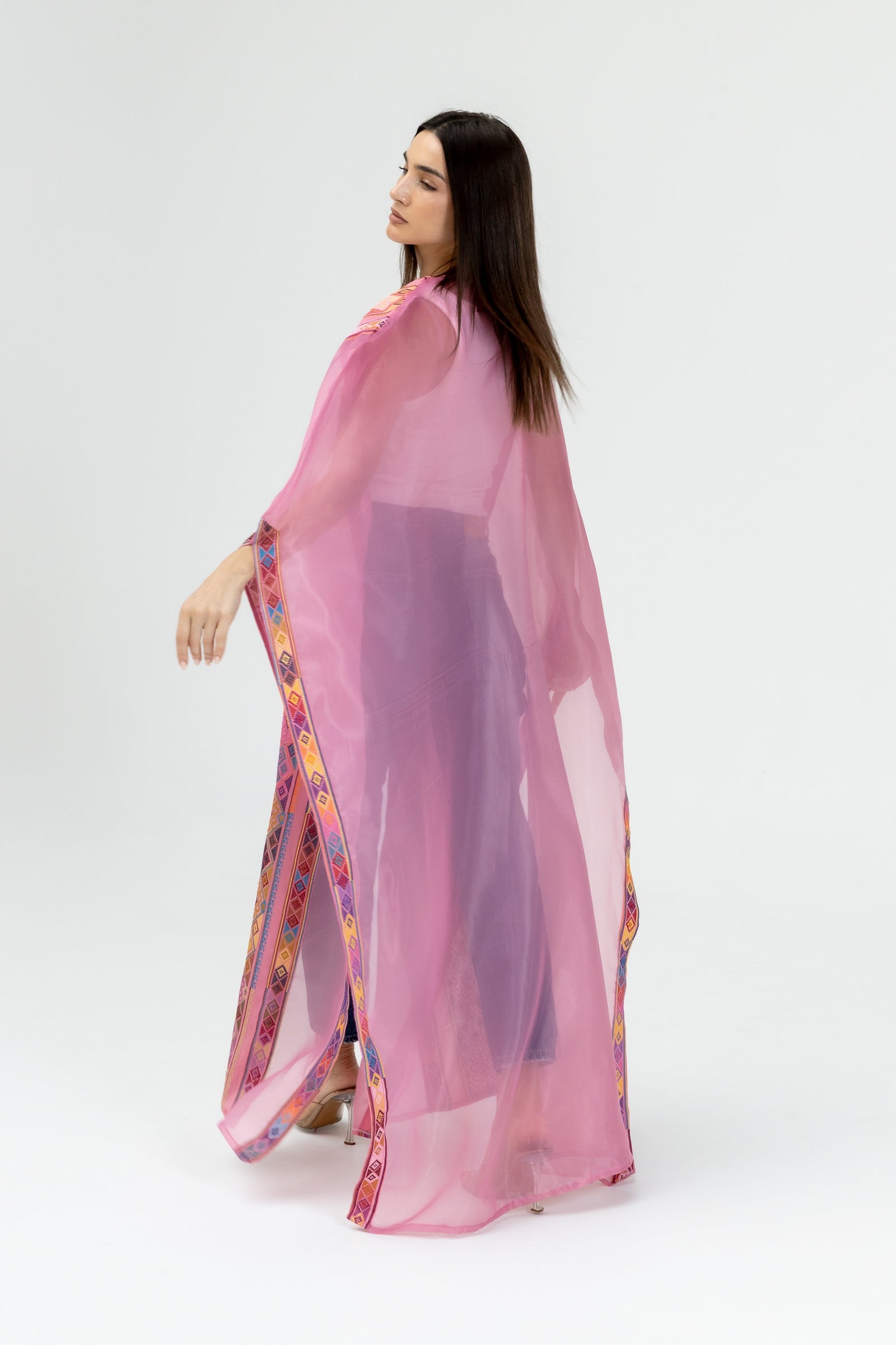 Pink Embroidered Open Abaya