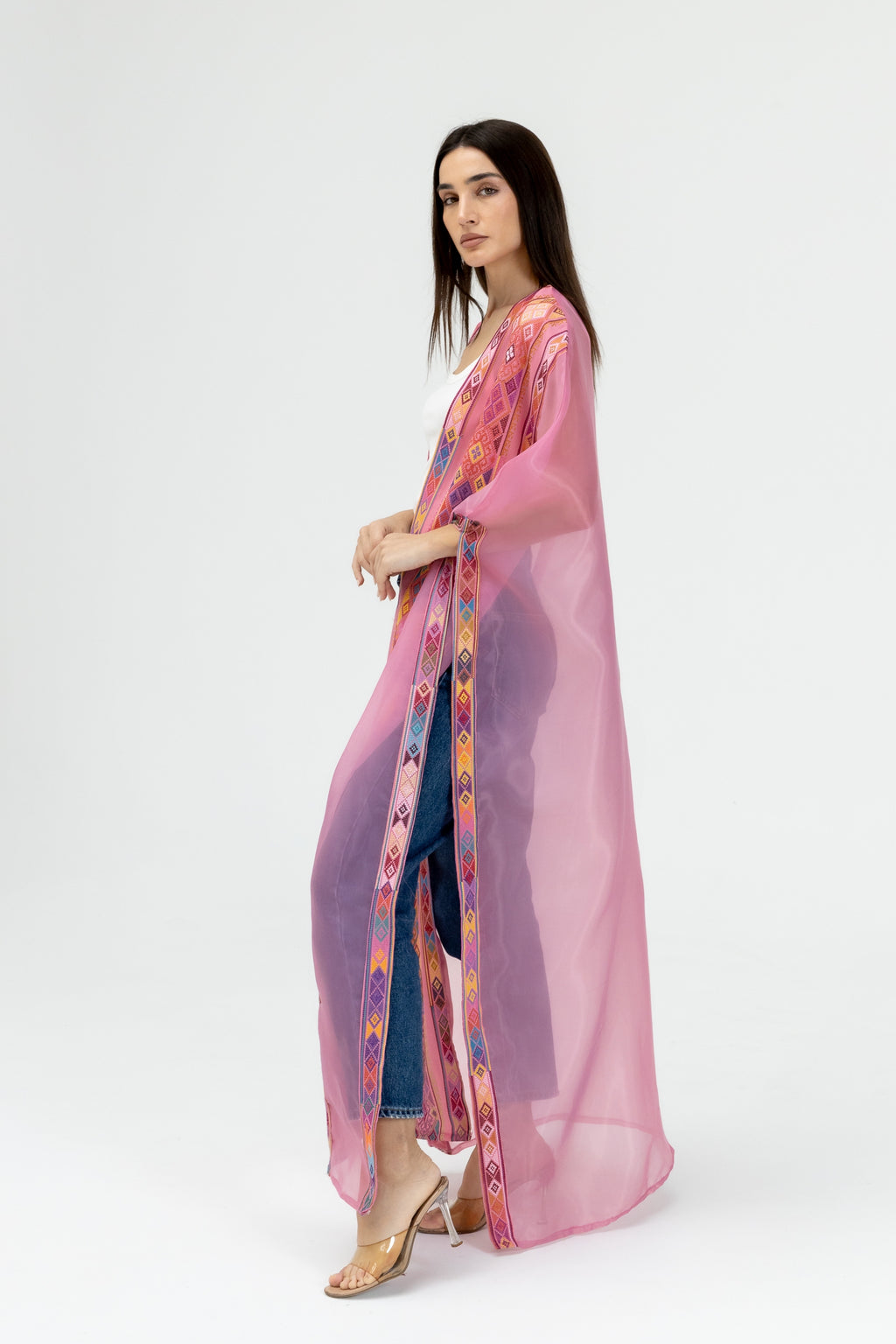 Pink Embroidered Open Abaya