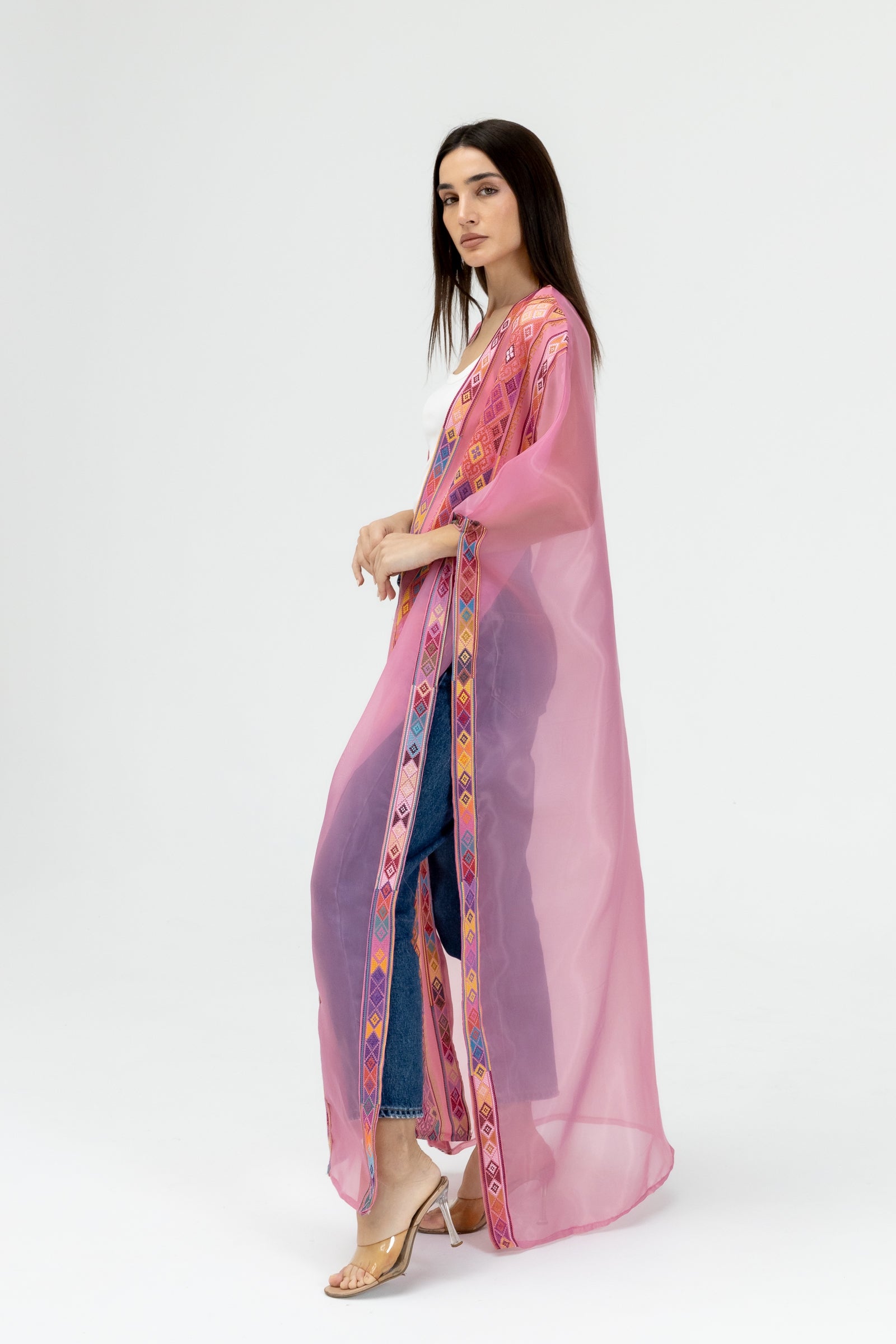 Pink Embroidered Open Abaya