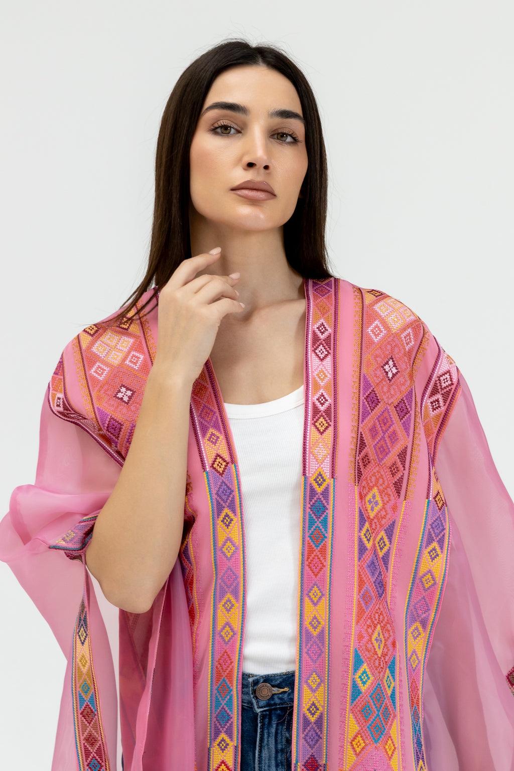 Pink Embroidered Open Abaya