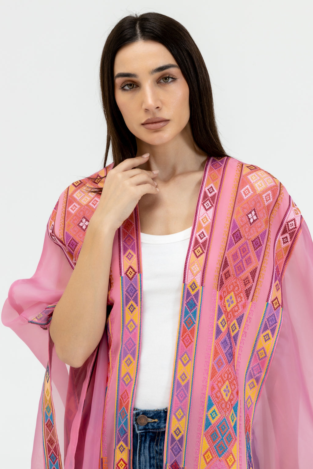 Pink Embroidered Open Abaya