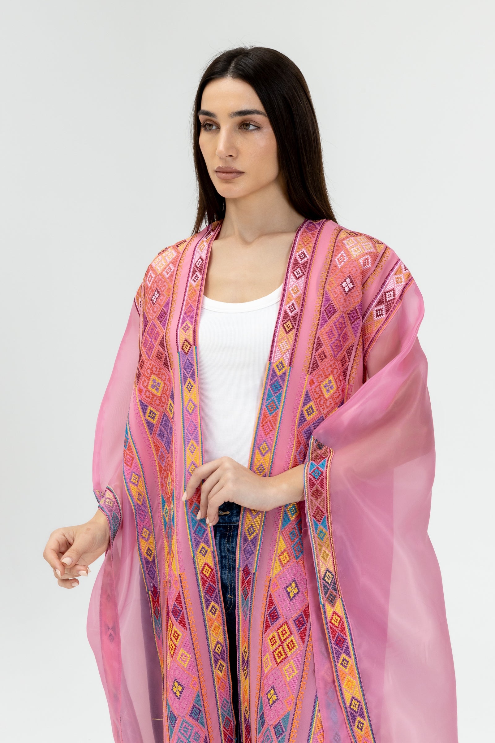Pink Embroidered Open Abaya