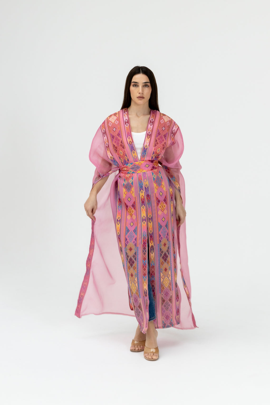 Pink Embroidered Open Abaya